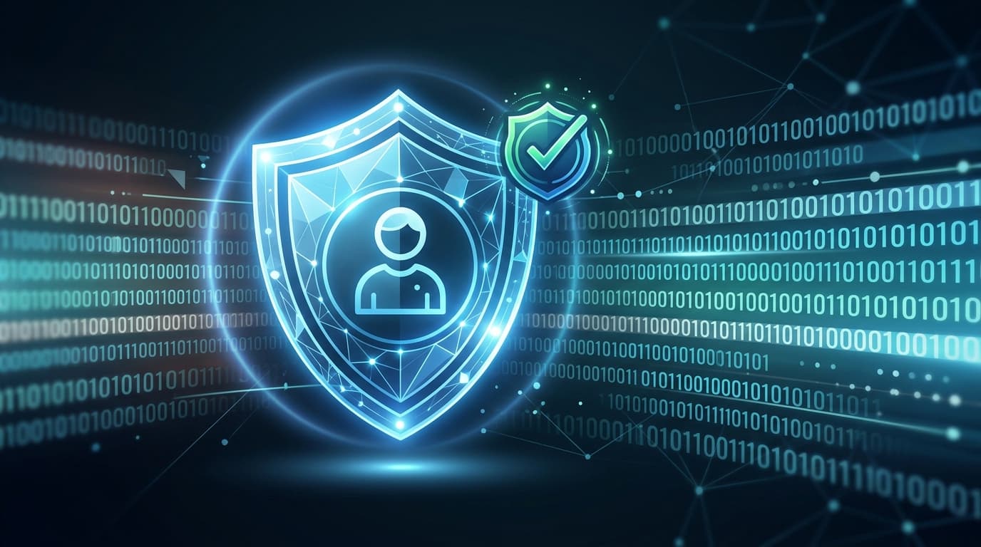 A clean, modern graphic showing a digital shield protecting a stylized human icon, with binary code
