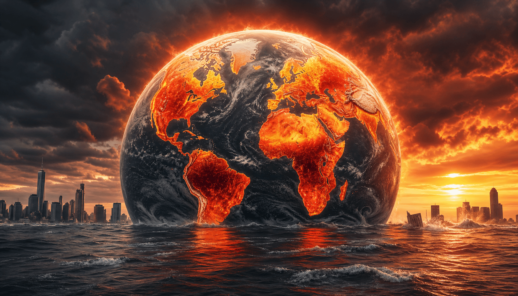 A dramatic visualization of a globe with heat intensity maps, deep red and orange color palette, sto