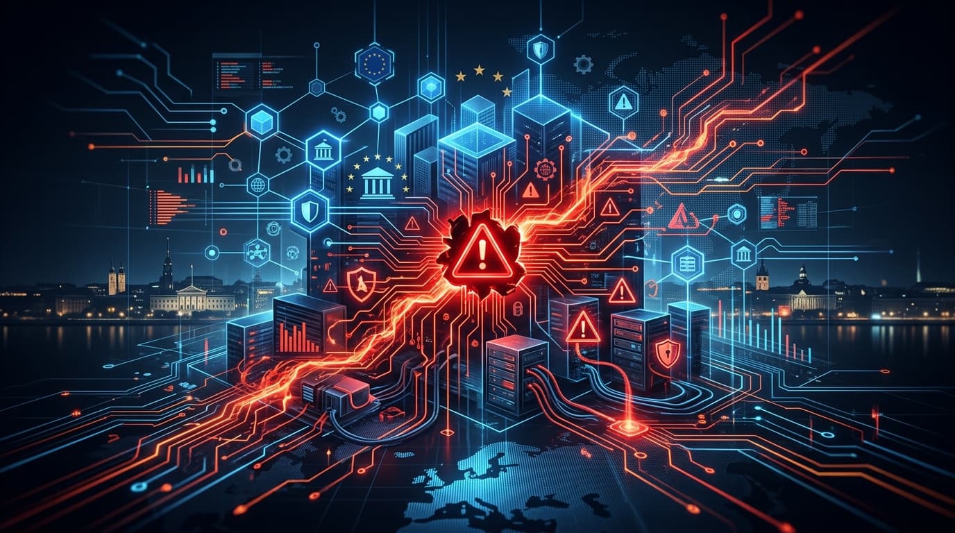 A conceptual, digital representation of a cyberattack against a European government institution, fea