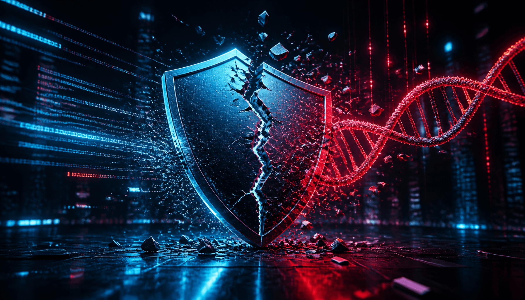 A high-tech digital security concept image showing a fractured shield with lines of code and a DNA s