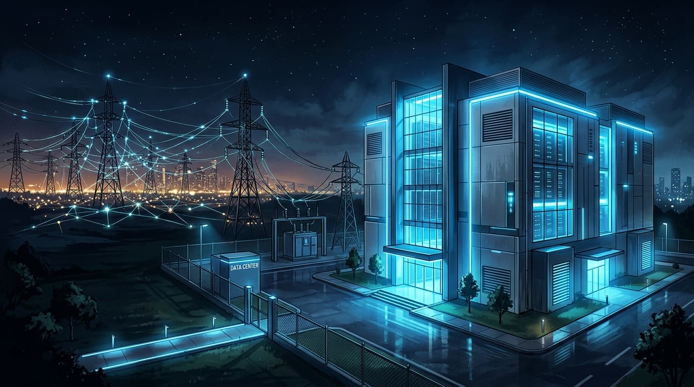 A modern, futuristic data center exterior at night with glowing blue lights, contrasted with the bac