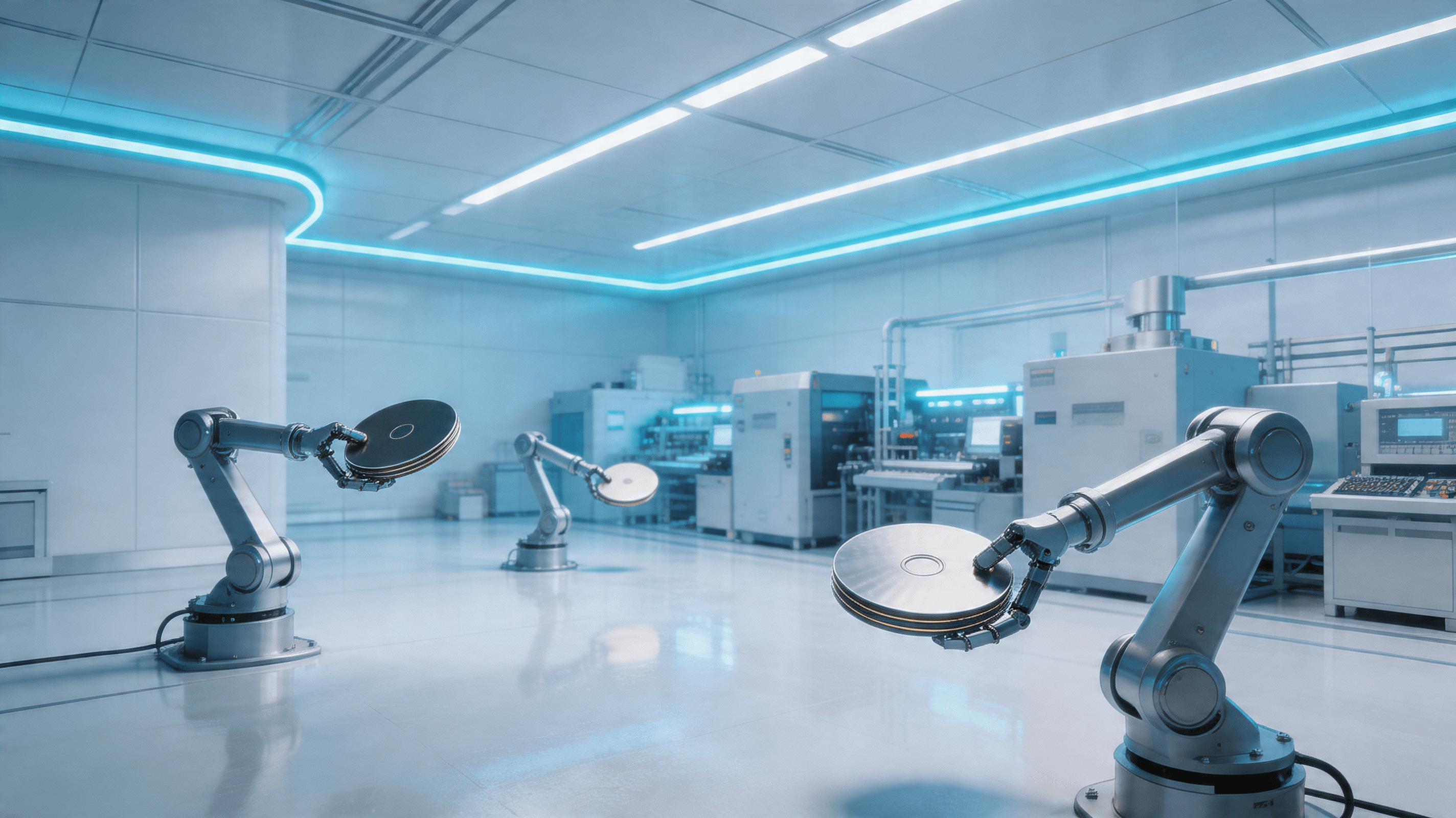 High-tech semiconductor wafer factory, clean room environment with robotic arms, blue neon lighting,