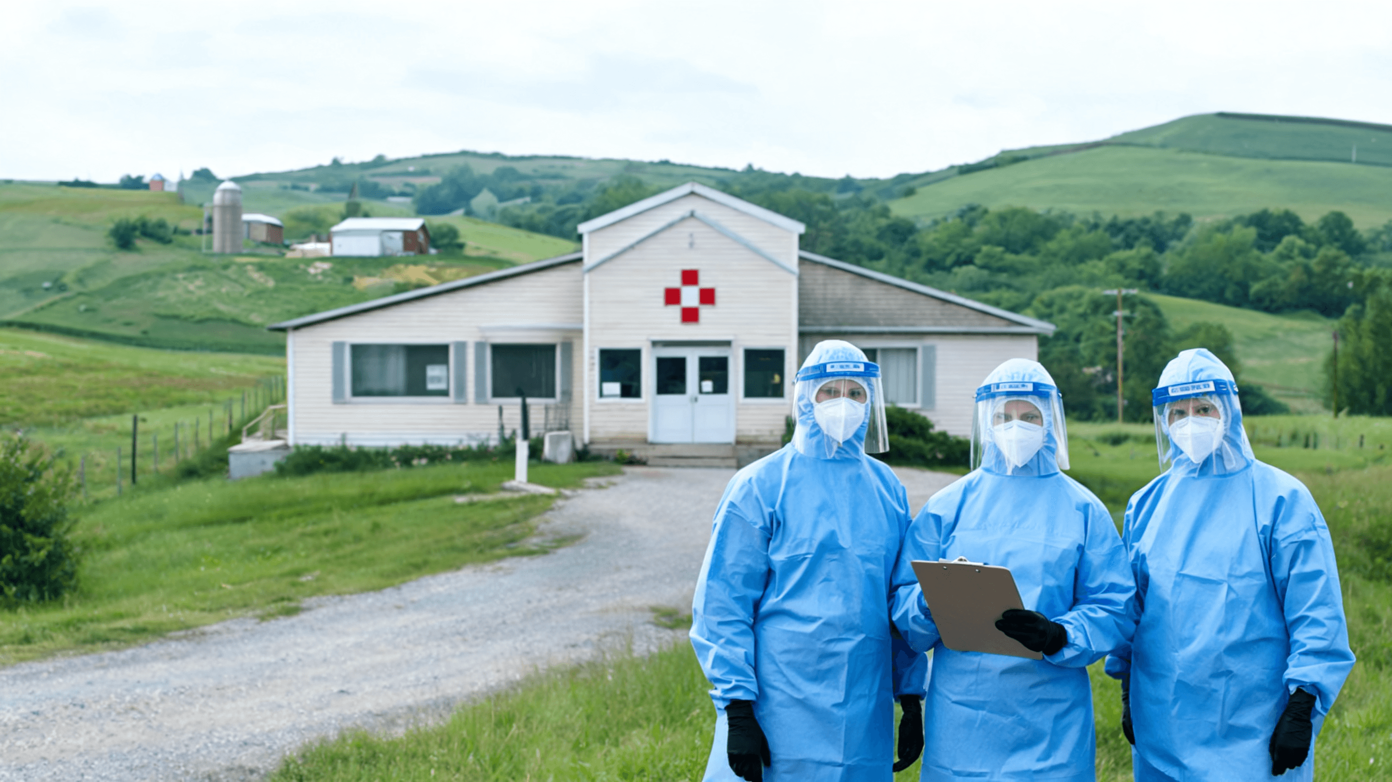 A clinical healthcare environment with workers in protective medical gear in a rural setting, symbol