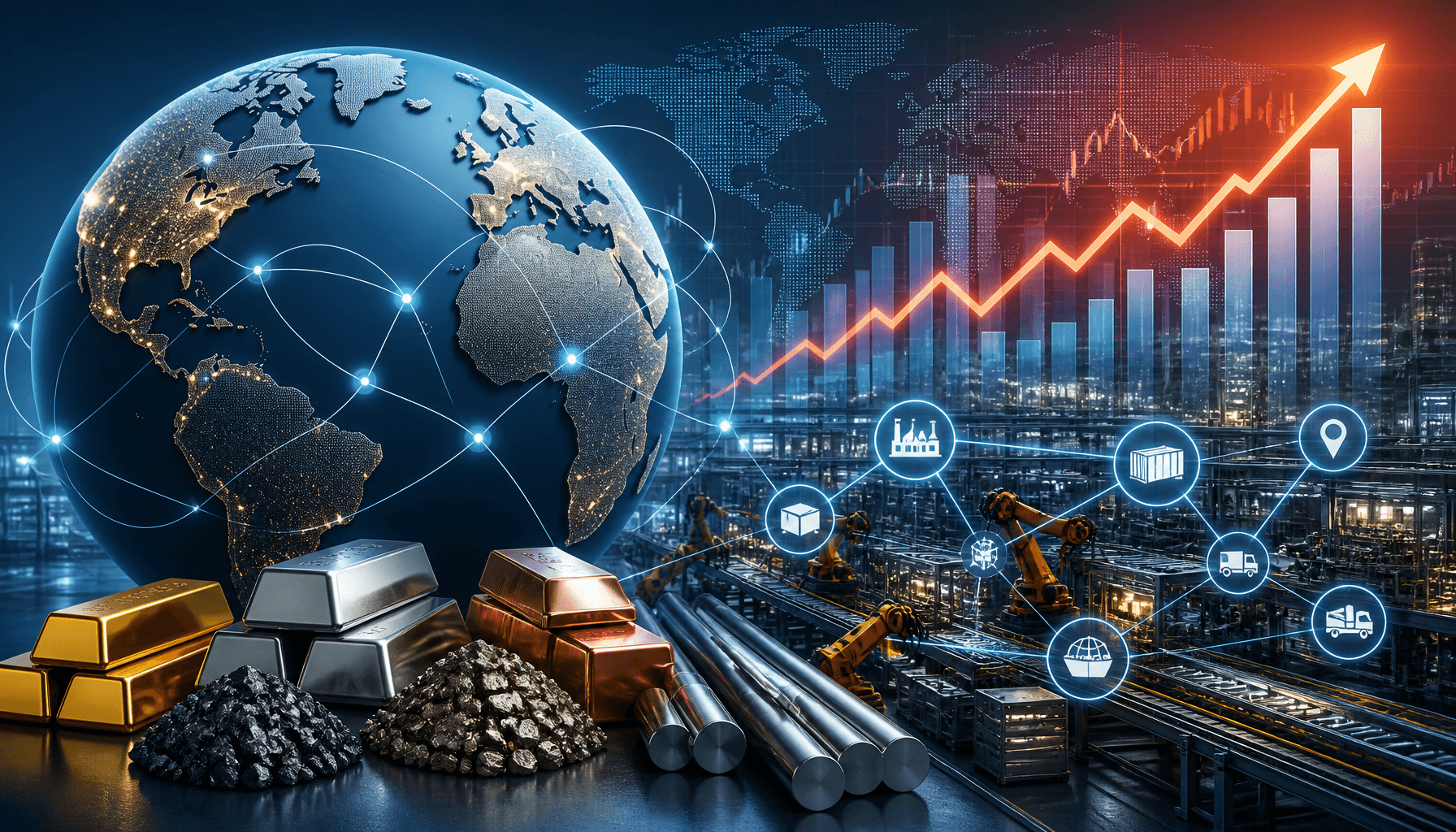 An abstract representation of a global economy with rising price charts, interconnected supply chain