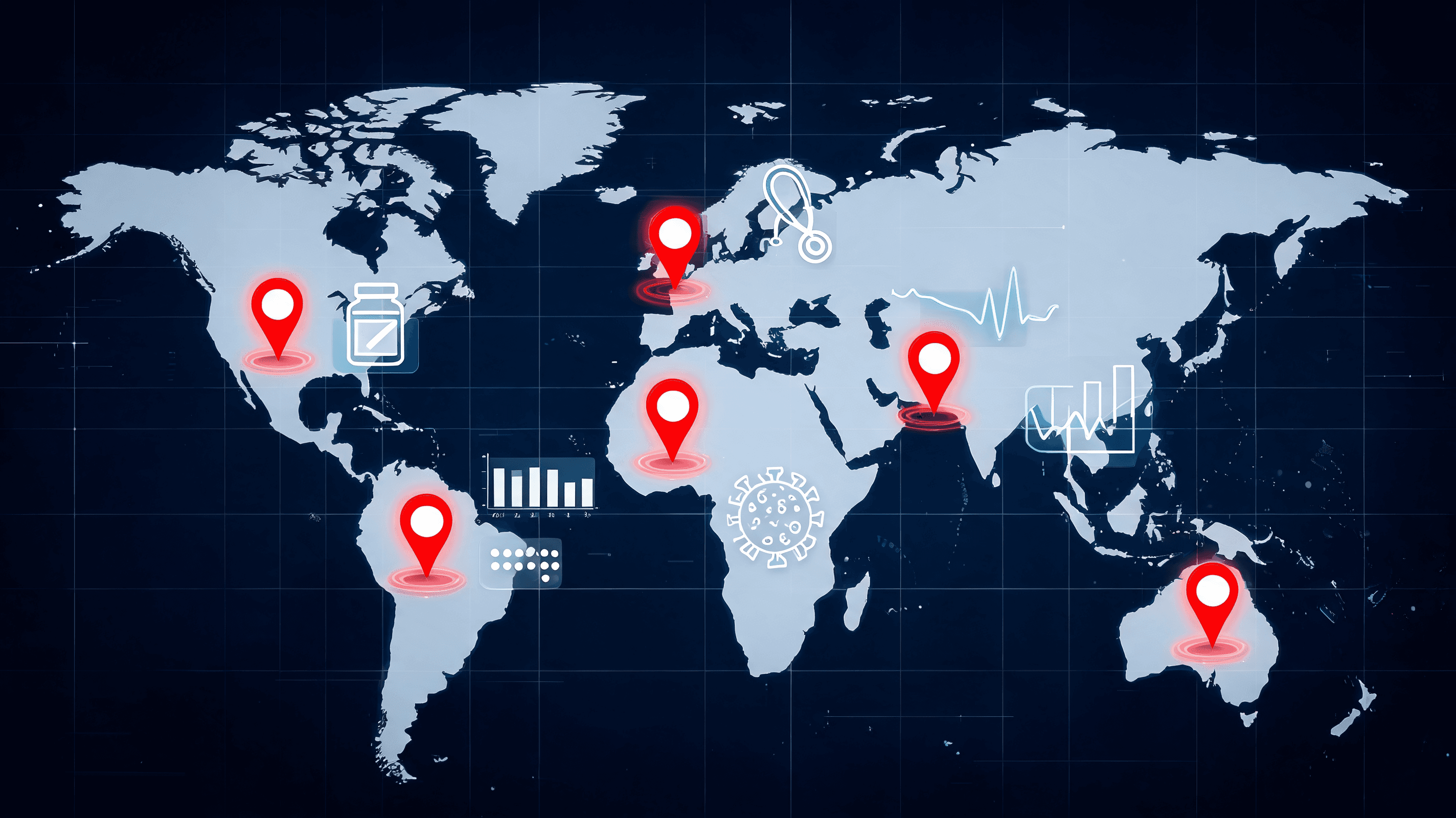A digital map of the world with glowing red markers indicating health crises, overlaid with medical