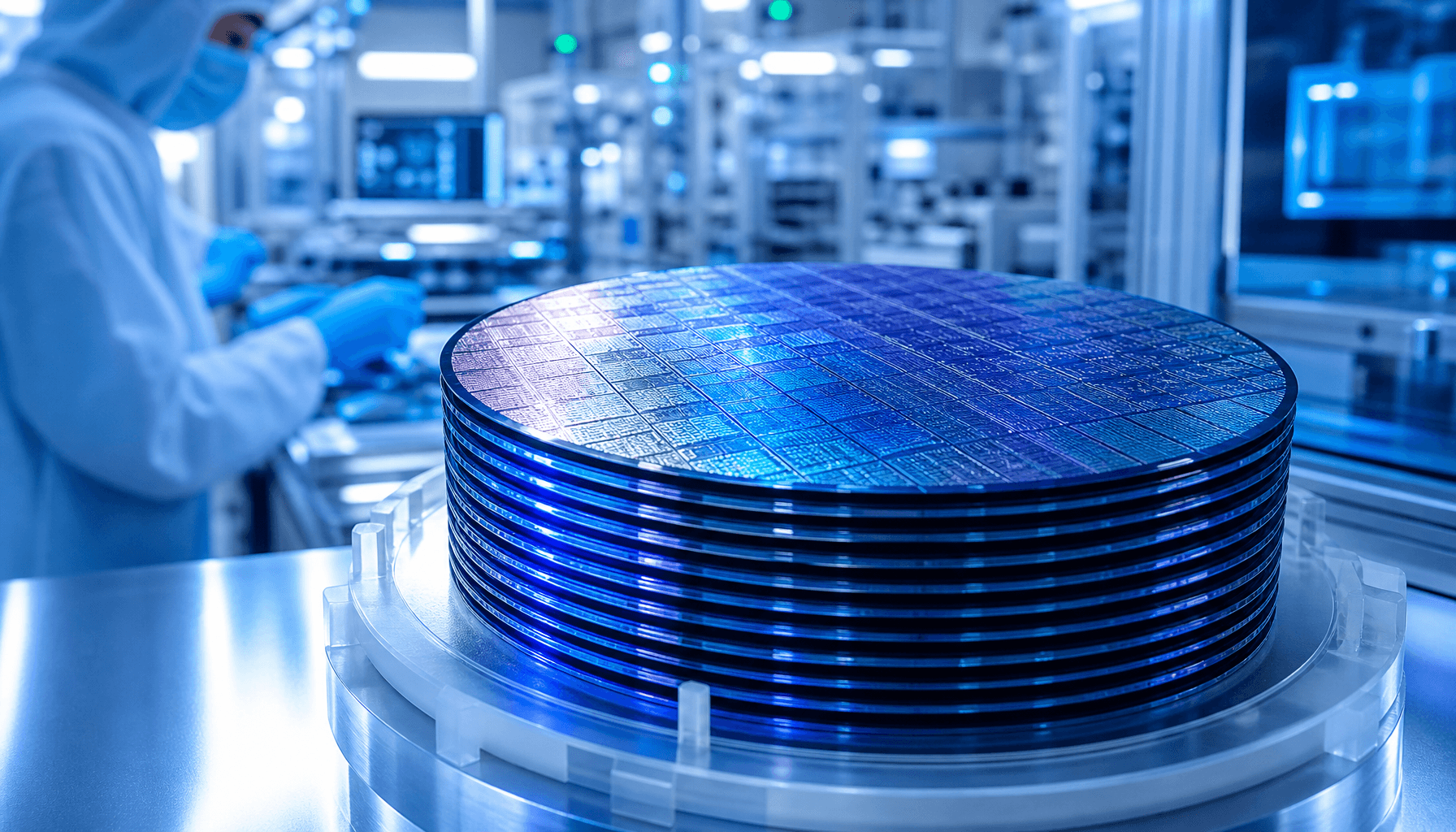 Stacked silicon wafers in a high-tech laboratory, blue light reflecting on microchips, professional
