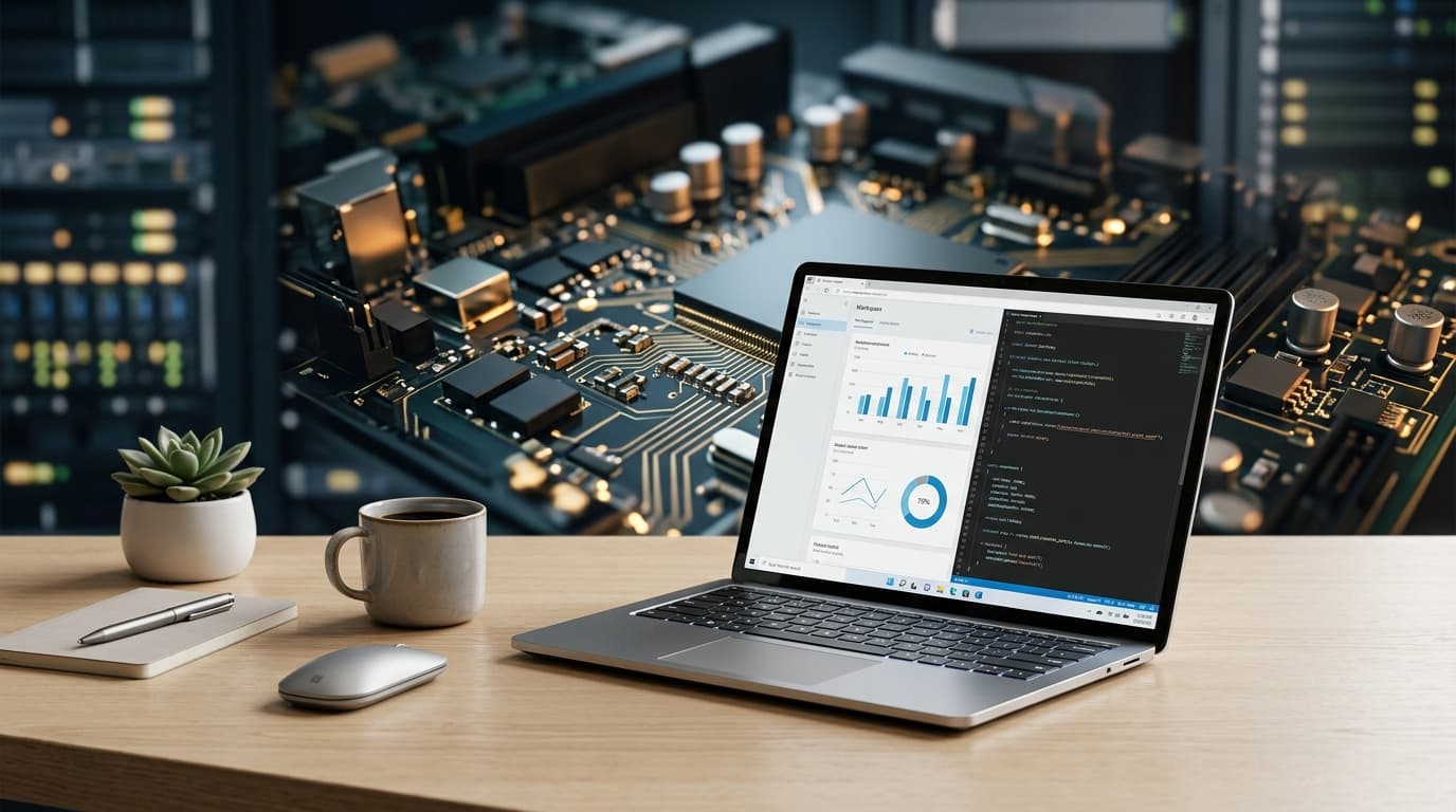 A modern, minimalist office workspace with a sleek Microsoft Surface device, blurred background of c