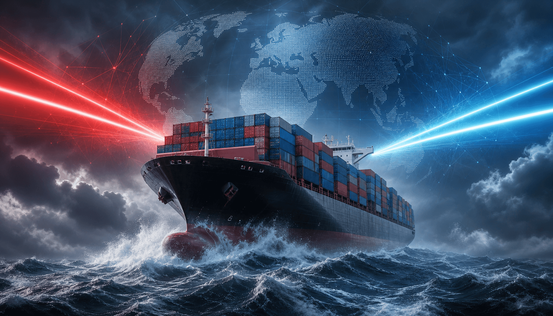 A conceptual image of a massive shipping container ship in a stormy sea with red and blue light beam