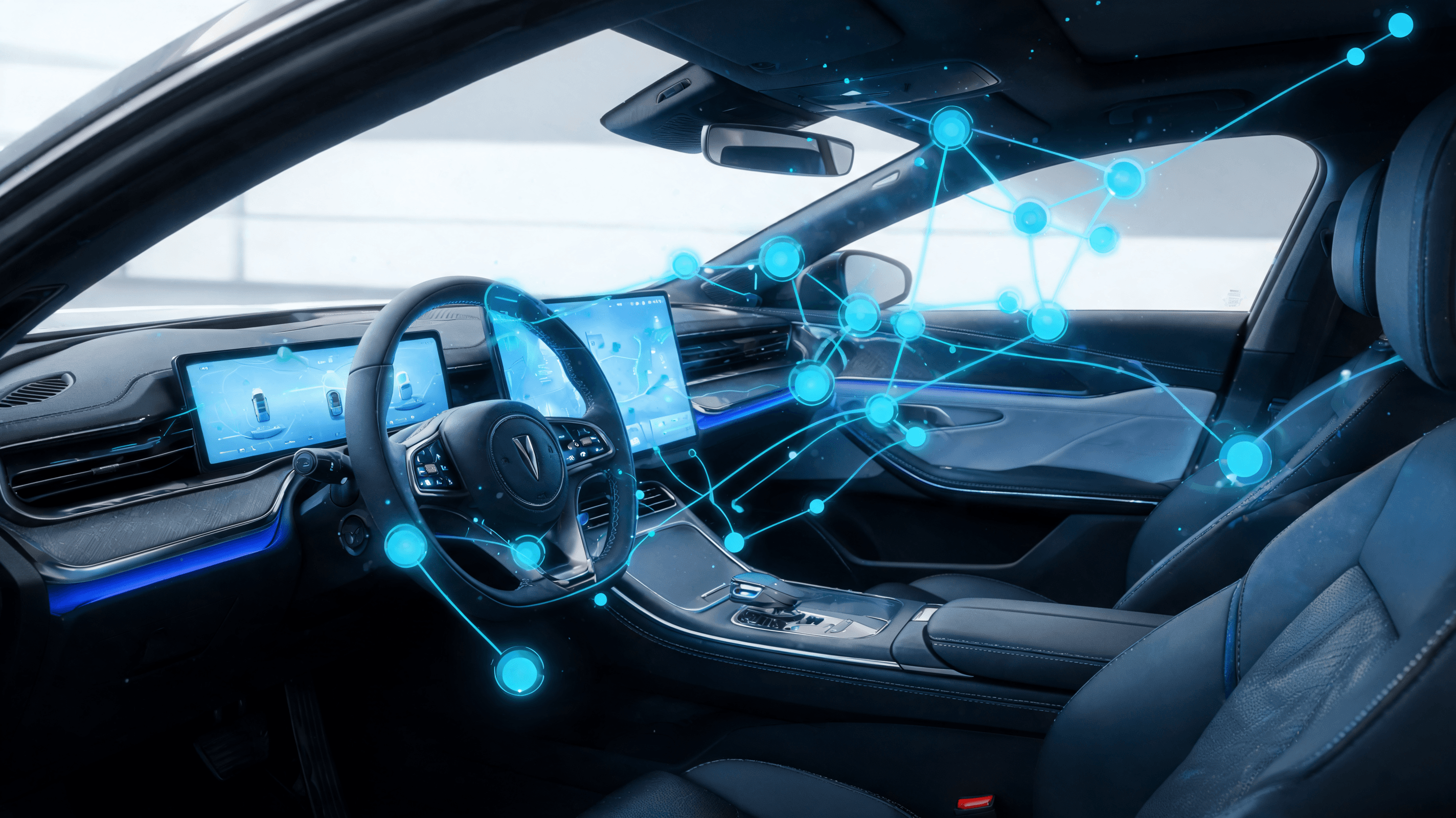 A modern, sophisticated car interior connected to digital data nodes, representing the intersection