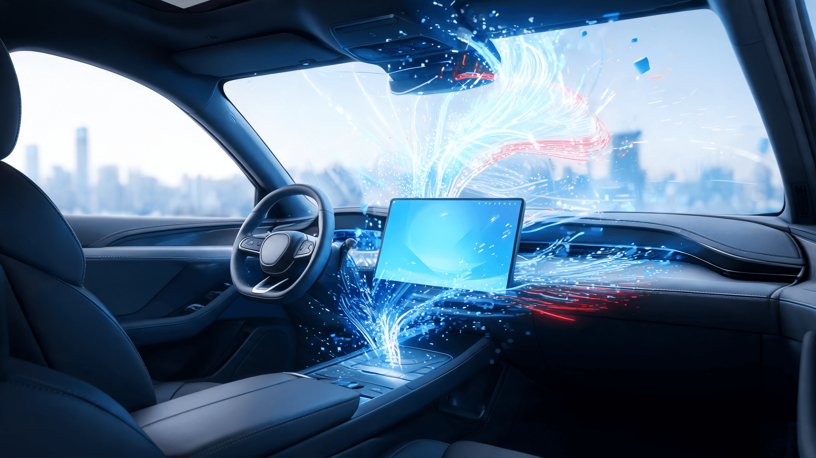 A sleek, modern electric car interior with abstract glowing digital streams floating from the dashbo