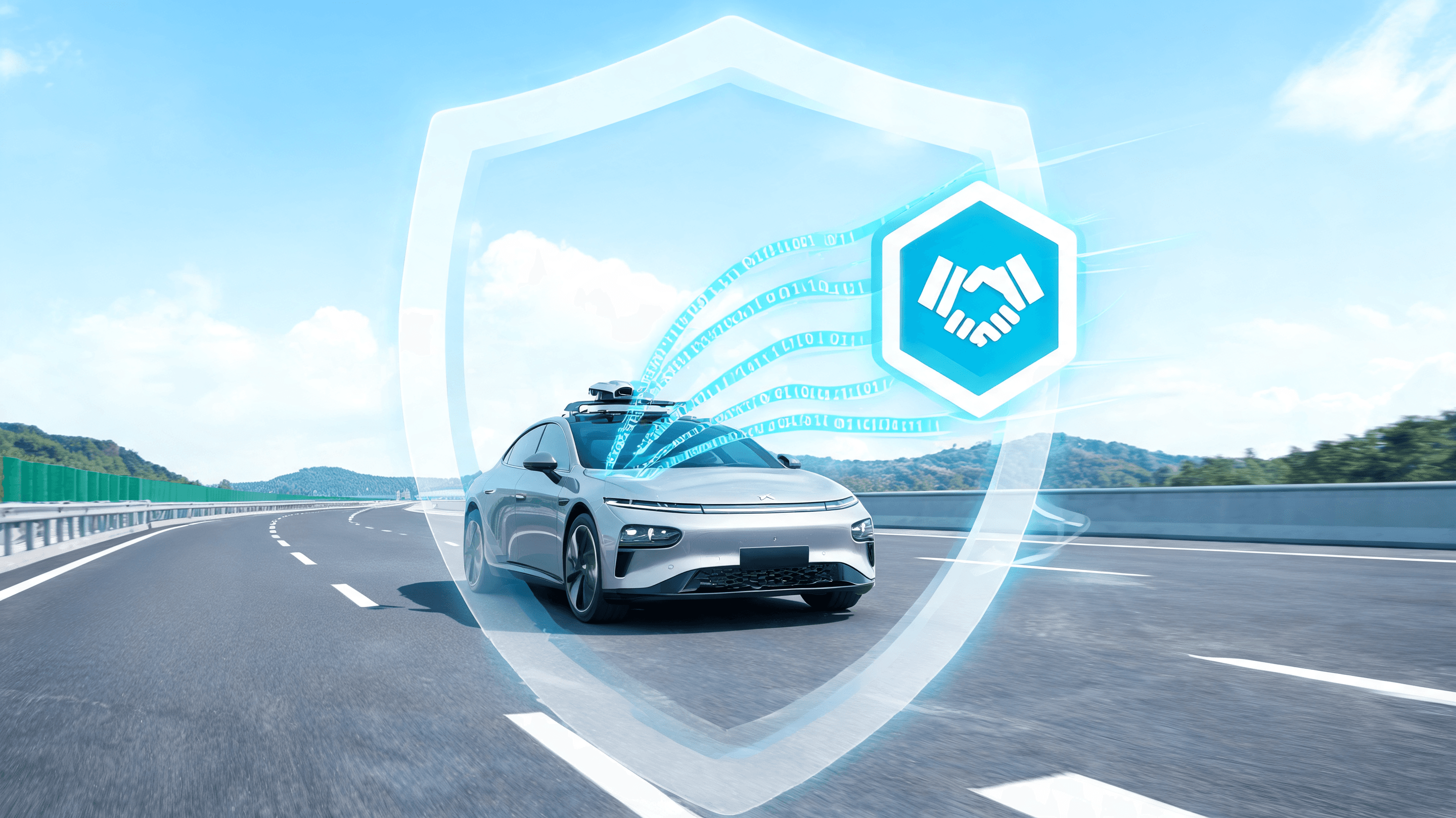 A modern, connected car driving on a highway, with translucent data streams flowing from the car to