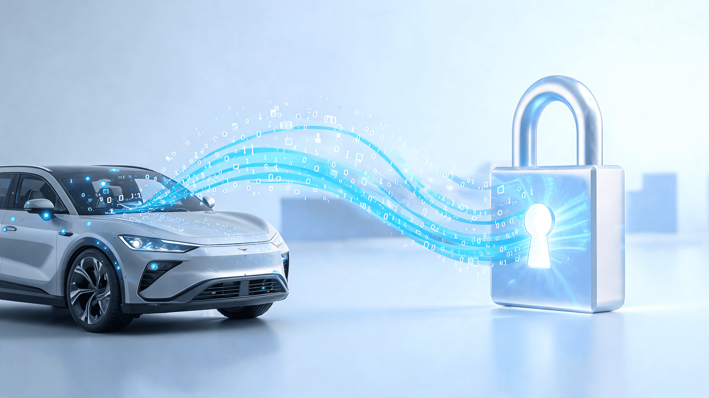 A digital graphic depicting a modern, connected vehicle with data streams flowing into a privacy loc