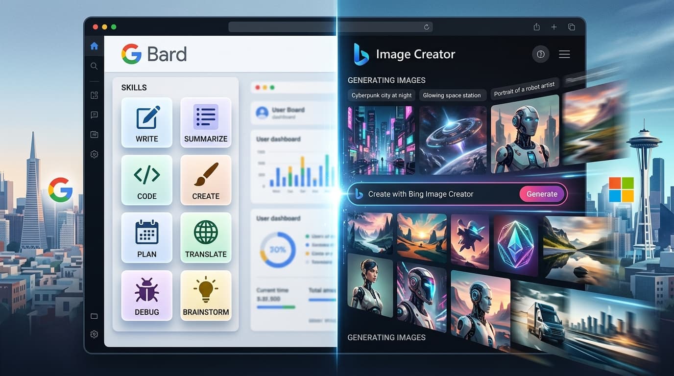 A split-screen graphic displaying a clean web browser interface with floating 'Skills' icons on the