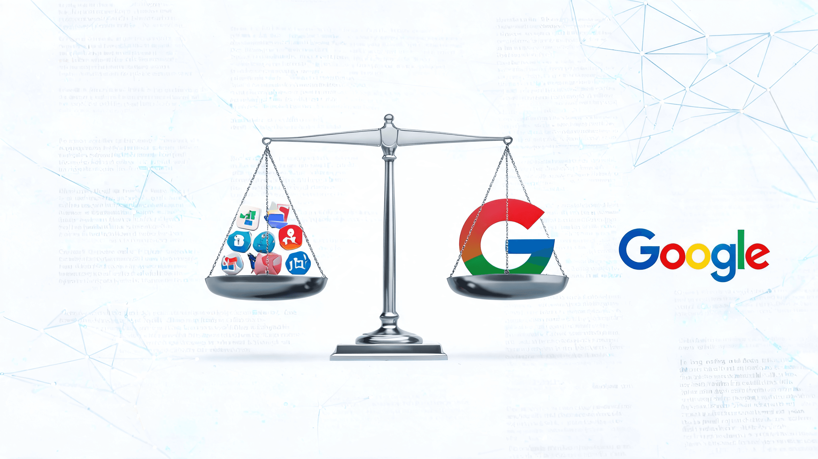 A modern, abstract representation of a scale weighing 'Competition' and 'Monopoly' with Google's col