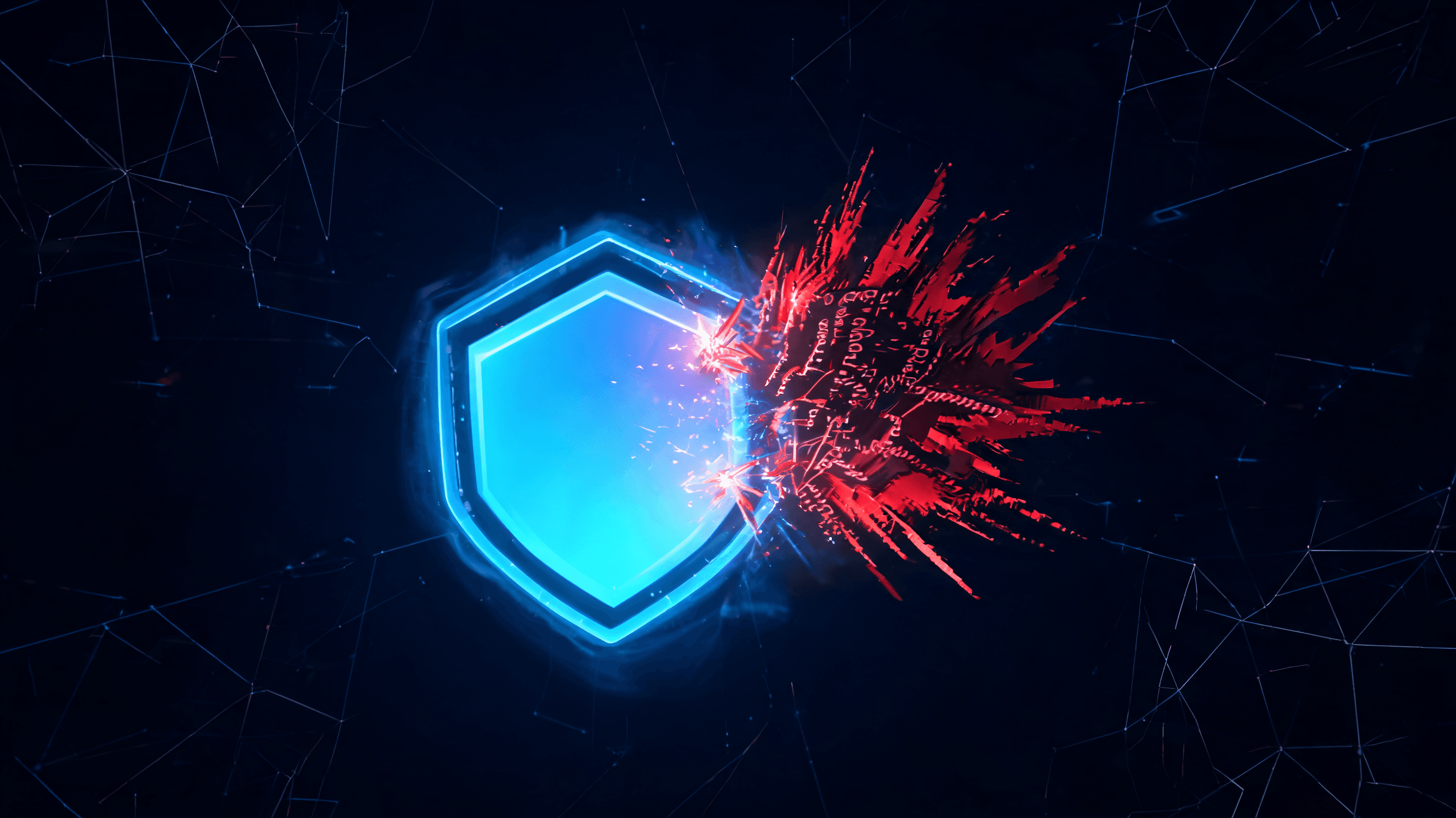 A digital illustration of a glowing blue cyber-shield blocking a jagged red malicious code structure