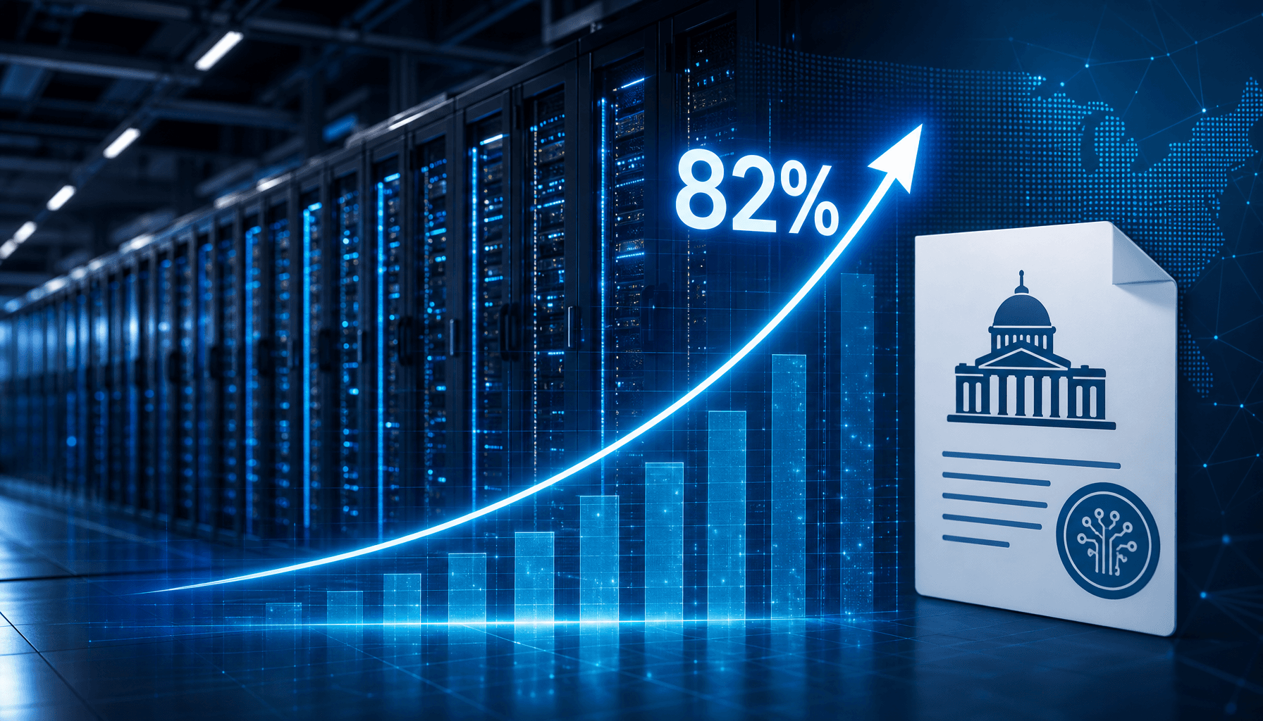 A modern data center interior with glowing blue server racks, overlaid with a digital graphic showin