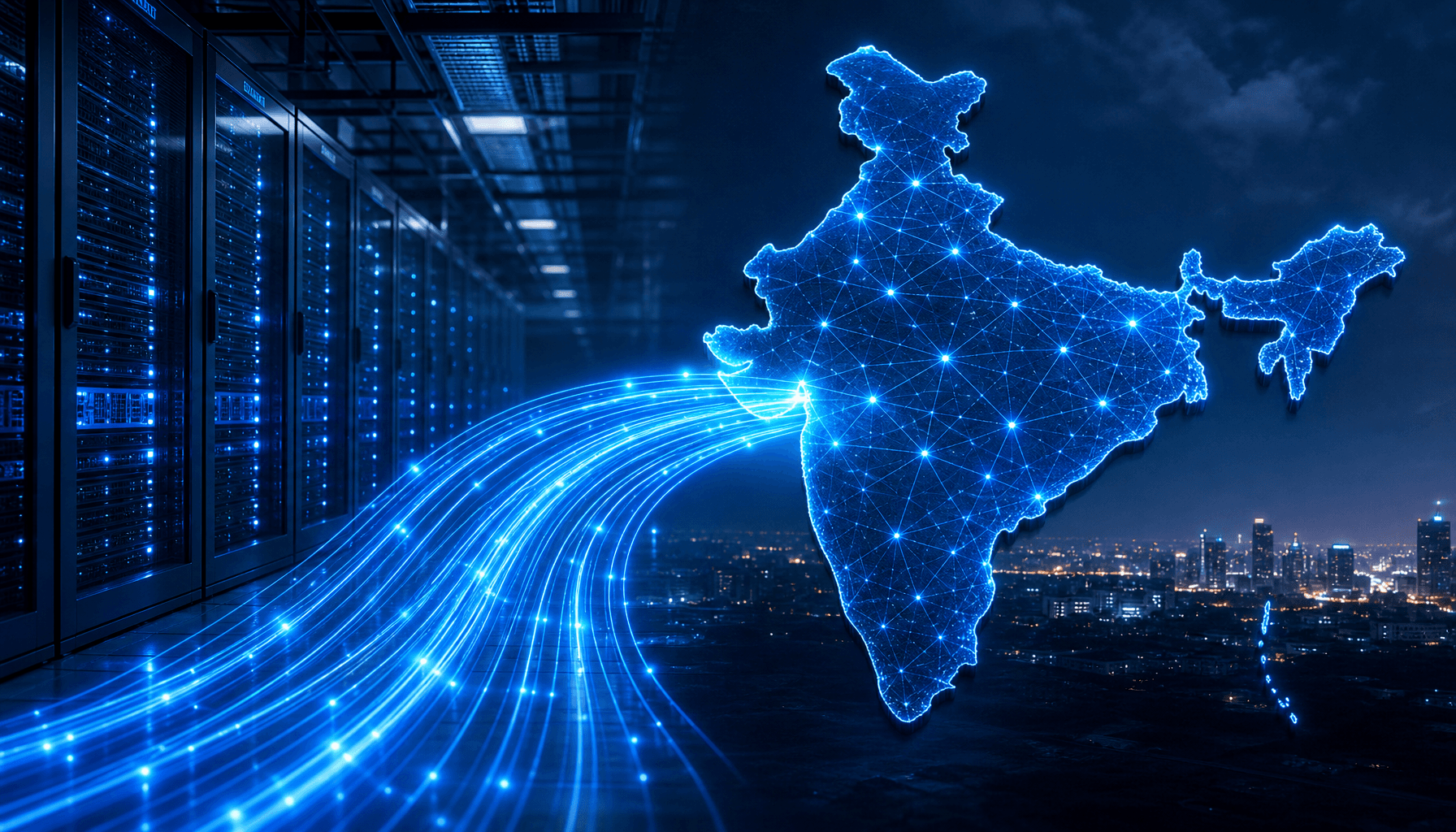 A conceptual image showing a data center in India with glowing blue fiber optic cables connecting to
