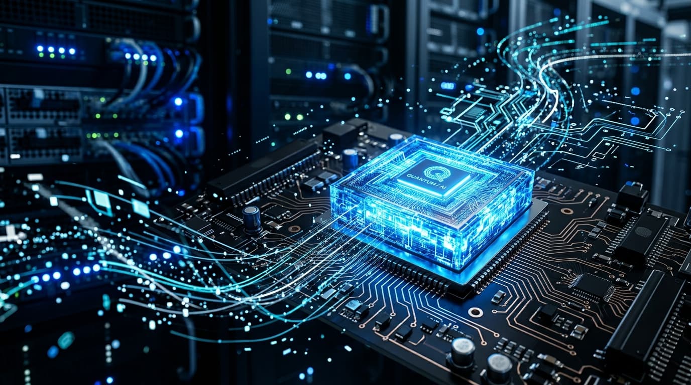 A close-up of a futuristic computer chip glowing with blue light, with abstract data streams and cir