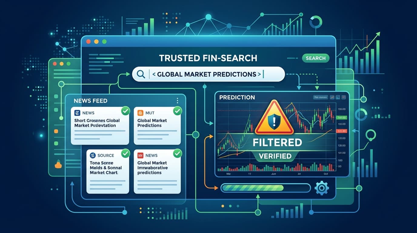 A digital search engine interface showing a news feed, a clear warning icon or filter being applied