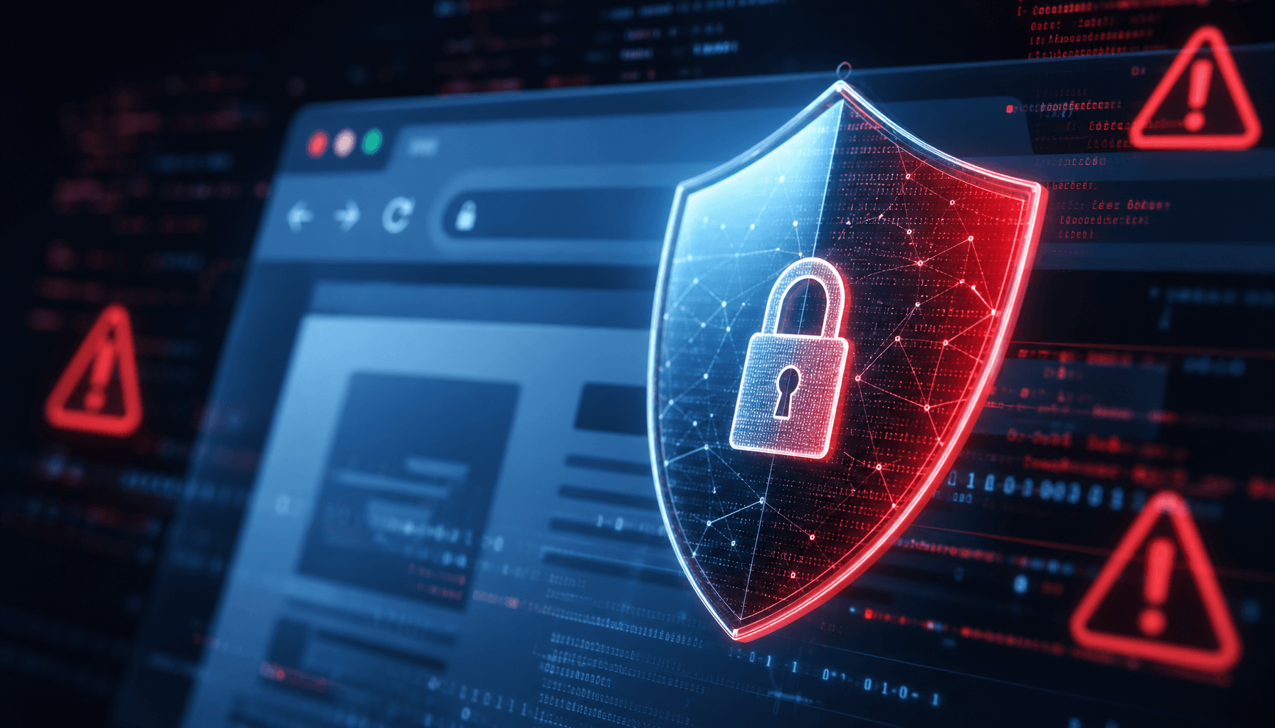 A close-up of a digital shield icon overlaying a web browser interface, stylized with code fragments