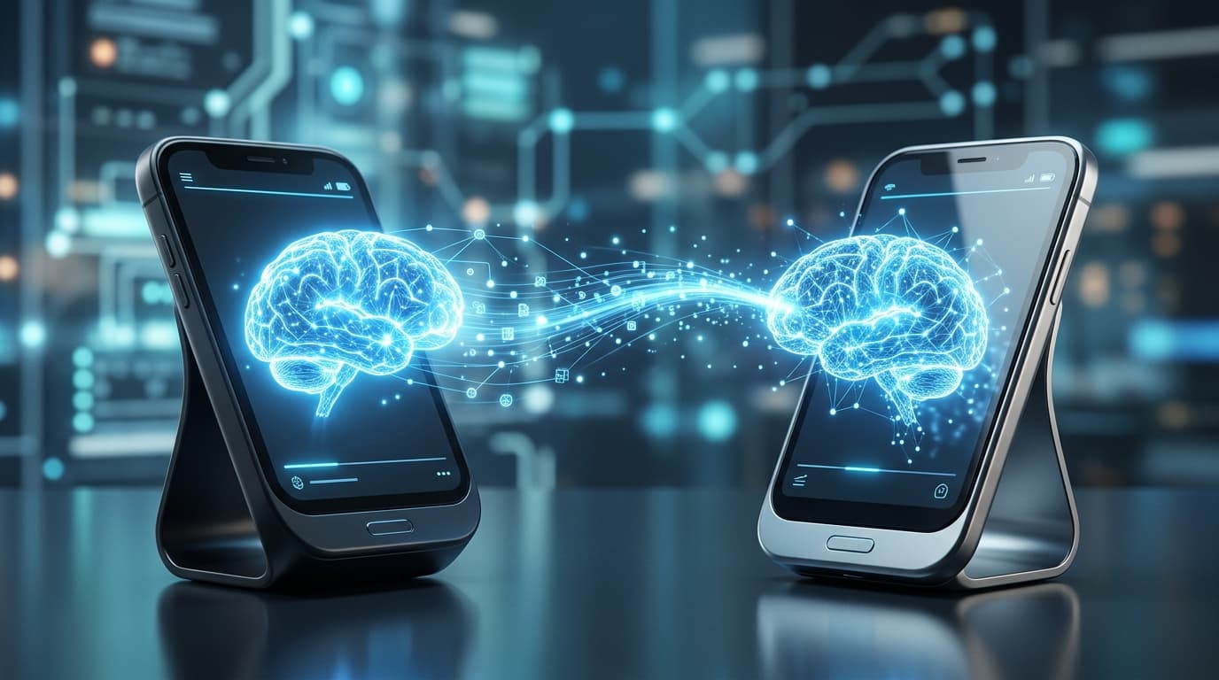 A minimalist, high-tech conceptual art image of a glowing digital brain icon being transferred from