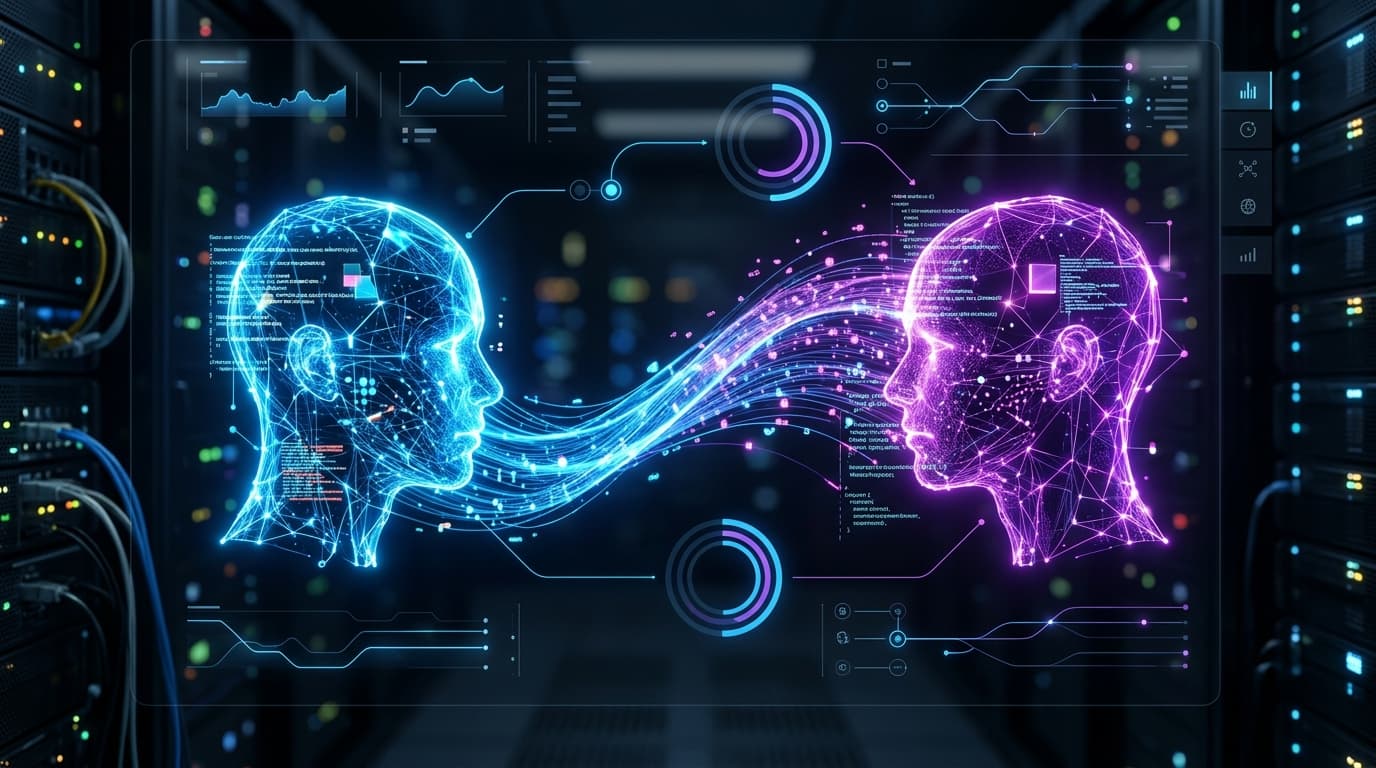 A conceptual, high-tech interface showing a seamless data transfer between two glowing digital AI en