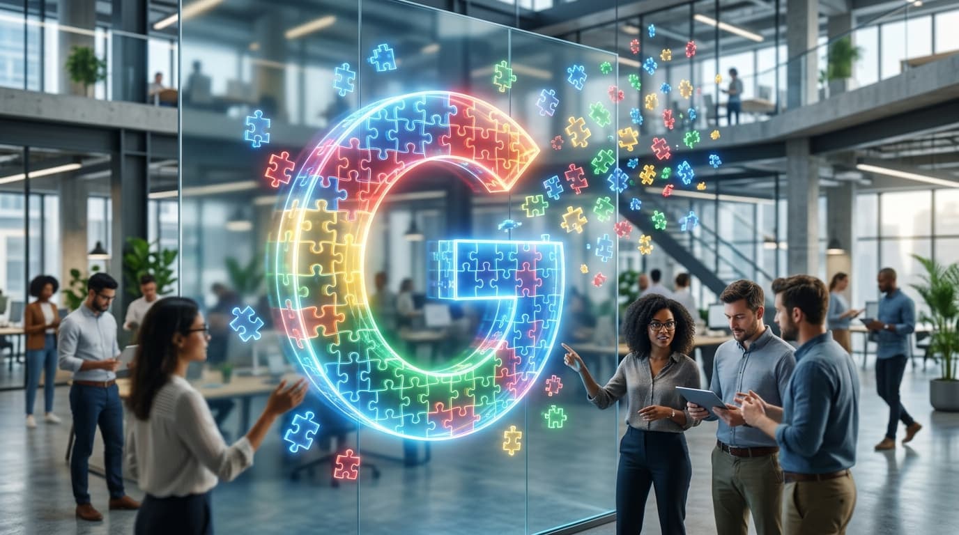 Open source software concept, digital puzzle pieces forming a Google 'G' icon, bright and modern aes