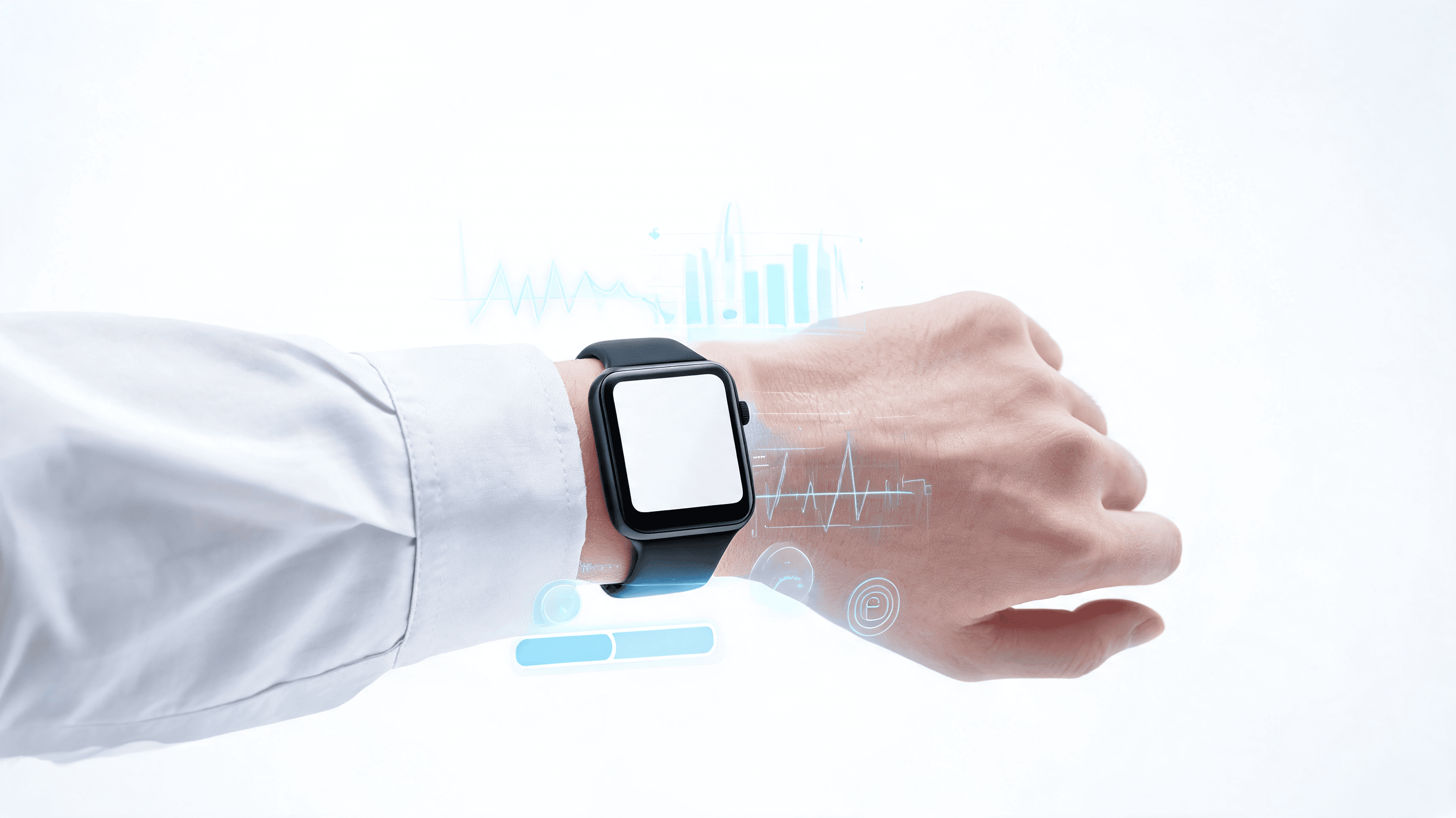 A modern, minimalist wearable device on a wrist, aesthetic design, clean white background, soft digi
