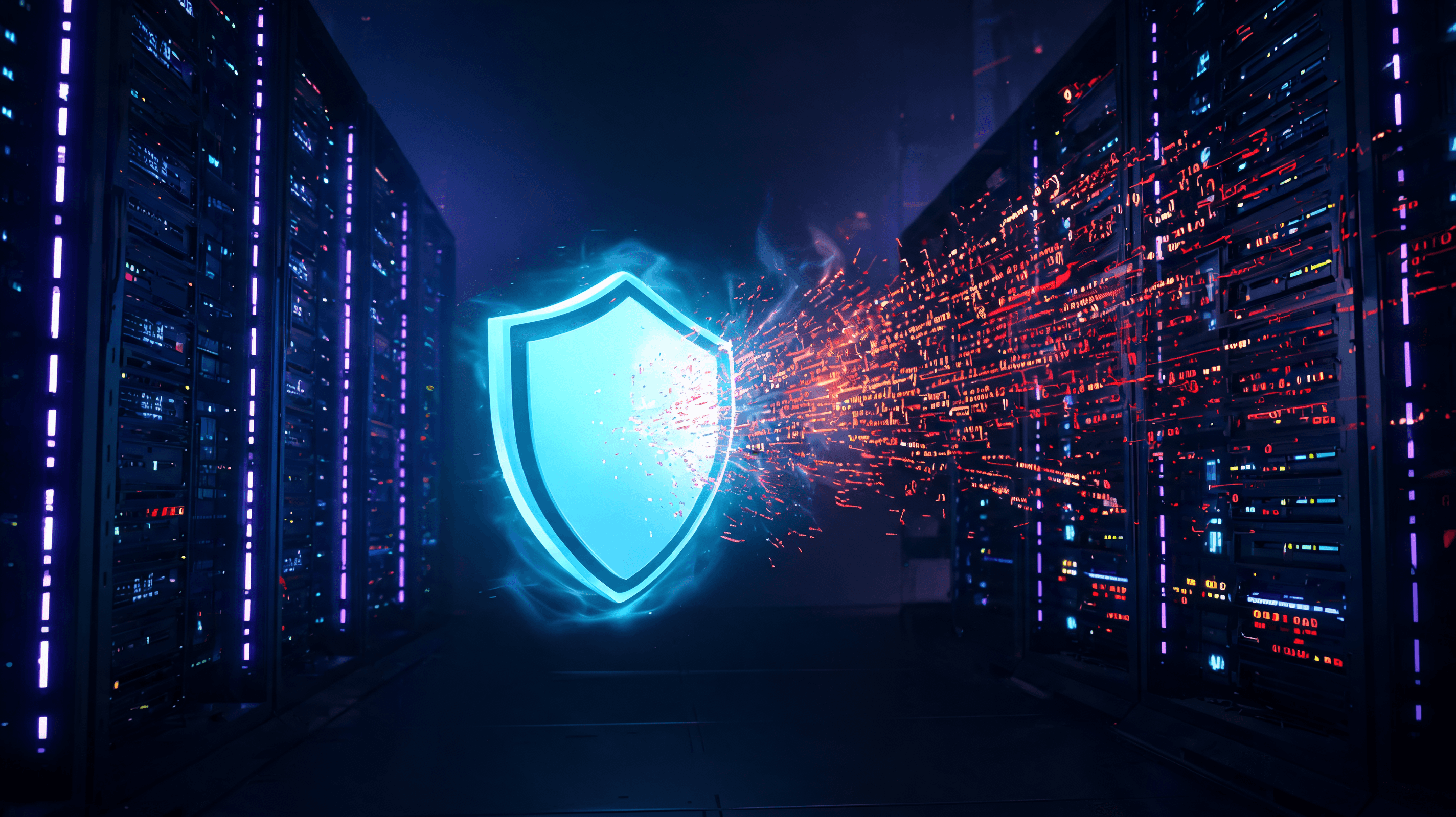 A digital illustration of a cyber security shield deflecting a stream of AI-generated malicious data