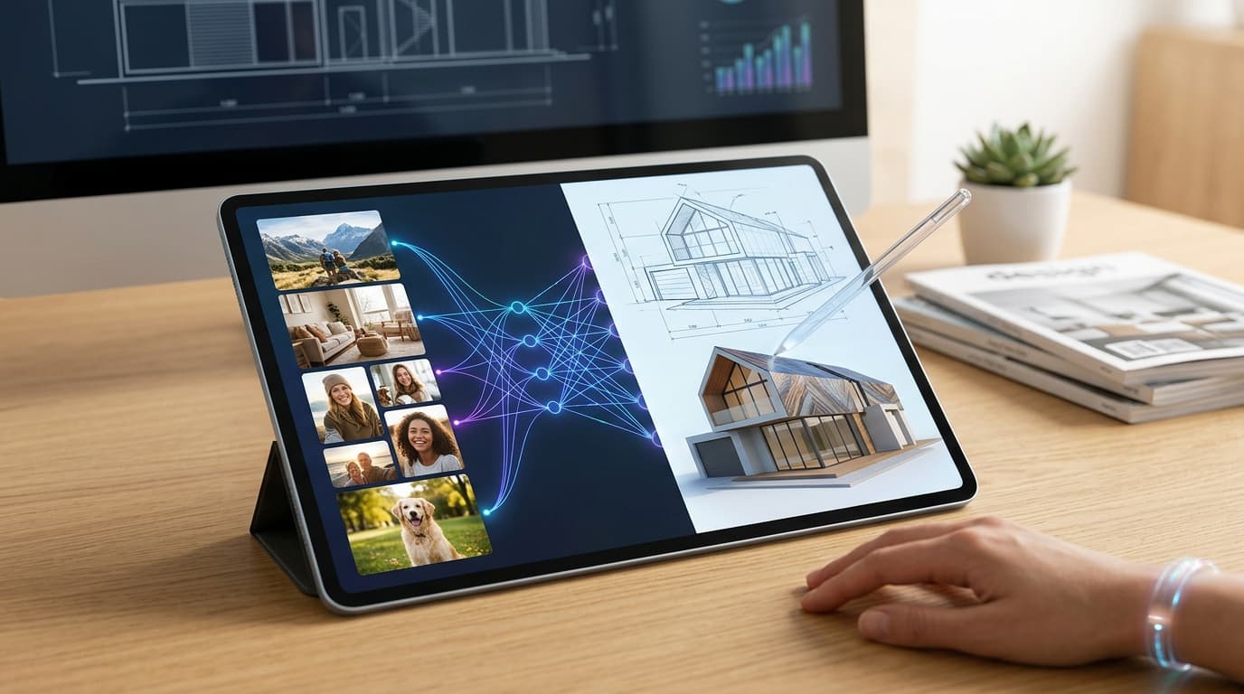 An artistic representation of an AI interface analyzing personal photographs and generating a unique