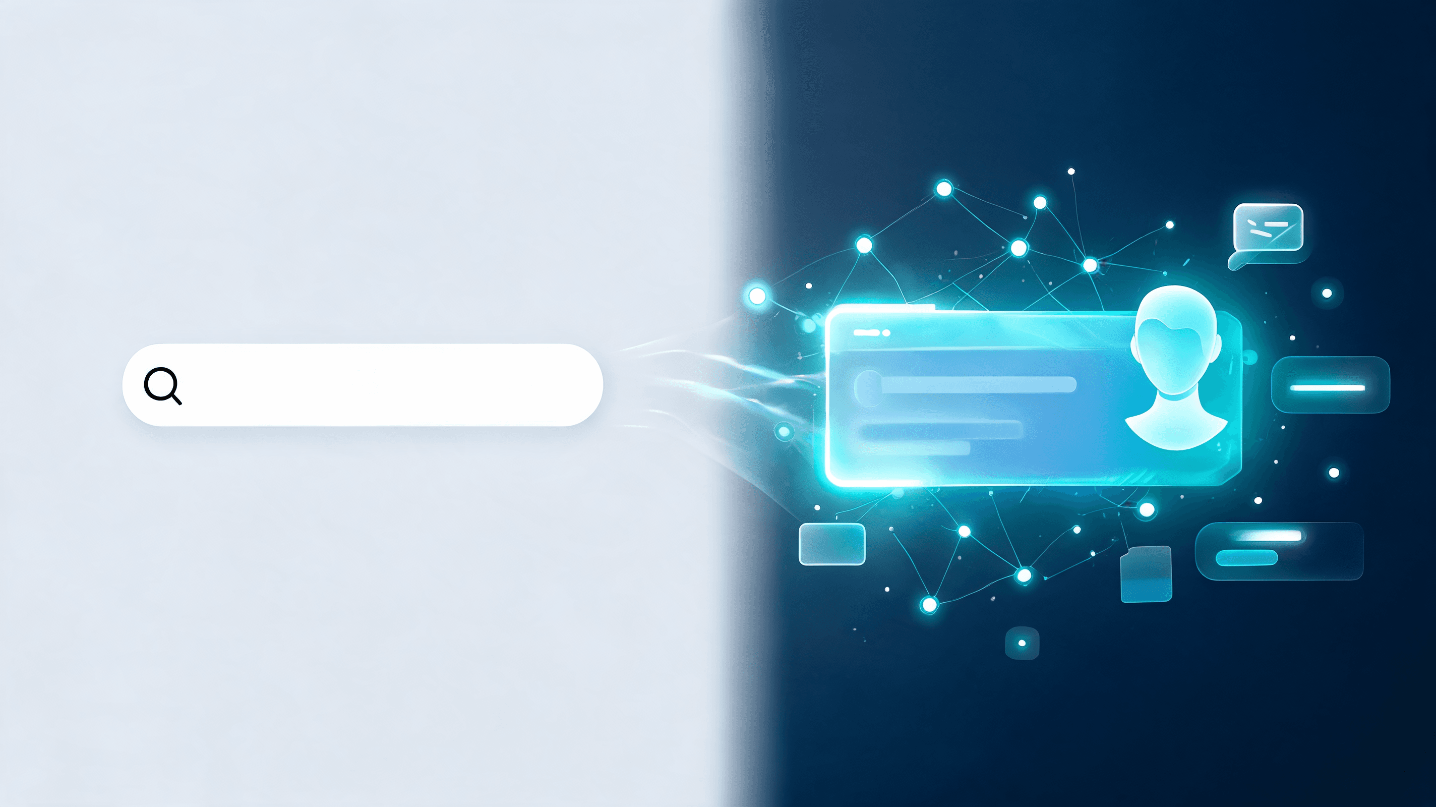 A modern, minimalist concept art of a digital search interface transforming into an interactive, glo