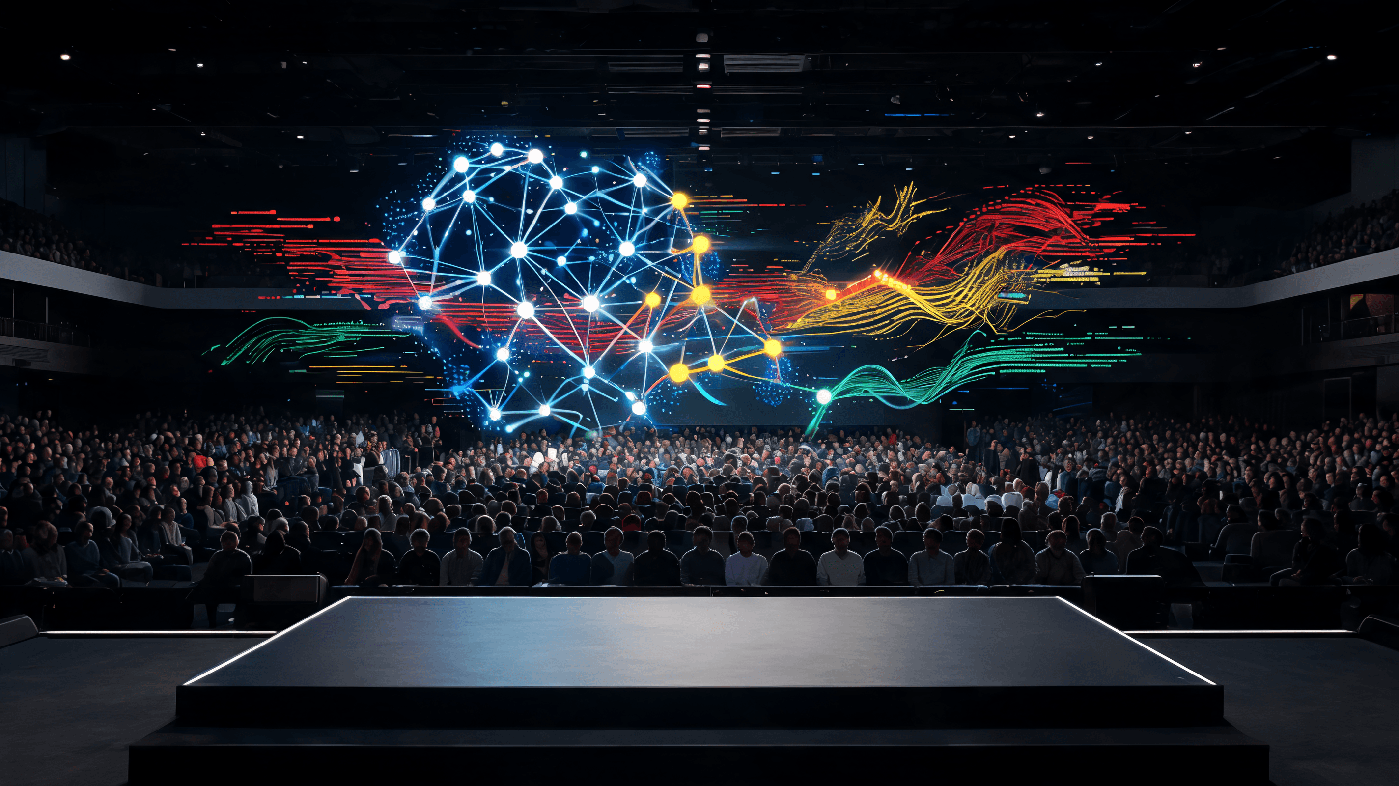 A futuristic view of the Google I/O keynote event stage with vibrant, colorful light projections, ab