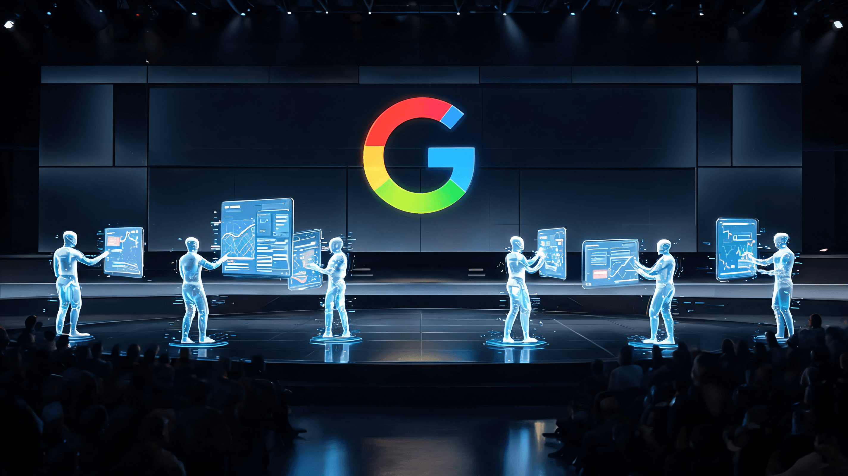 Futuristic Google I/O 2026 event stage featuring glowing holographic AI agents interacting with a di