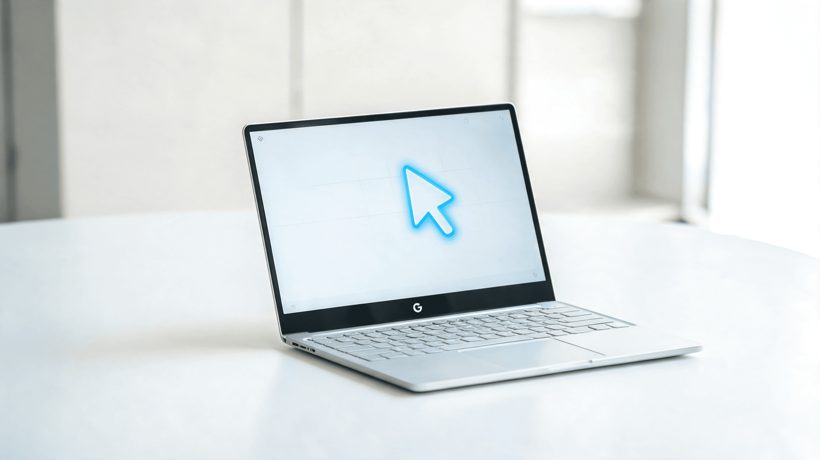A modern, sleek Googlebook laptop open on a clean desk, showing a glowing AI interface element repre