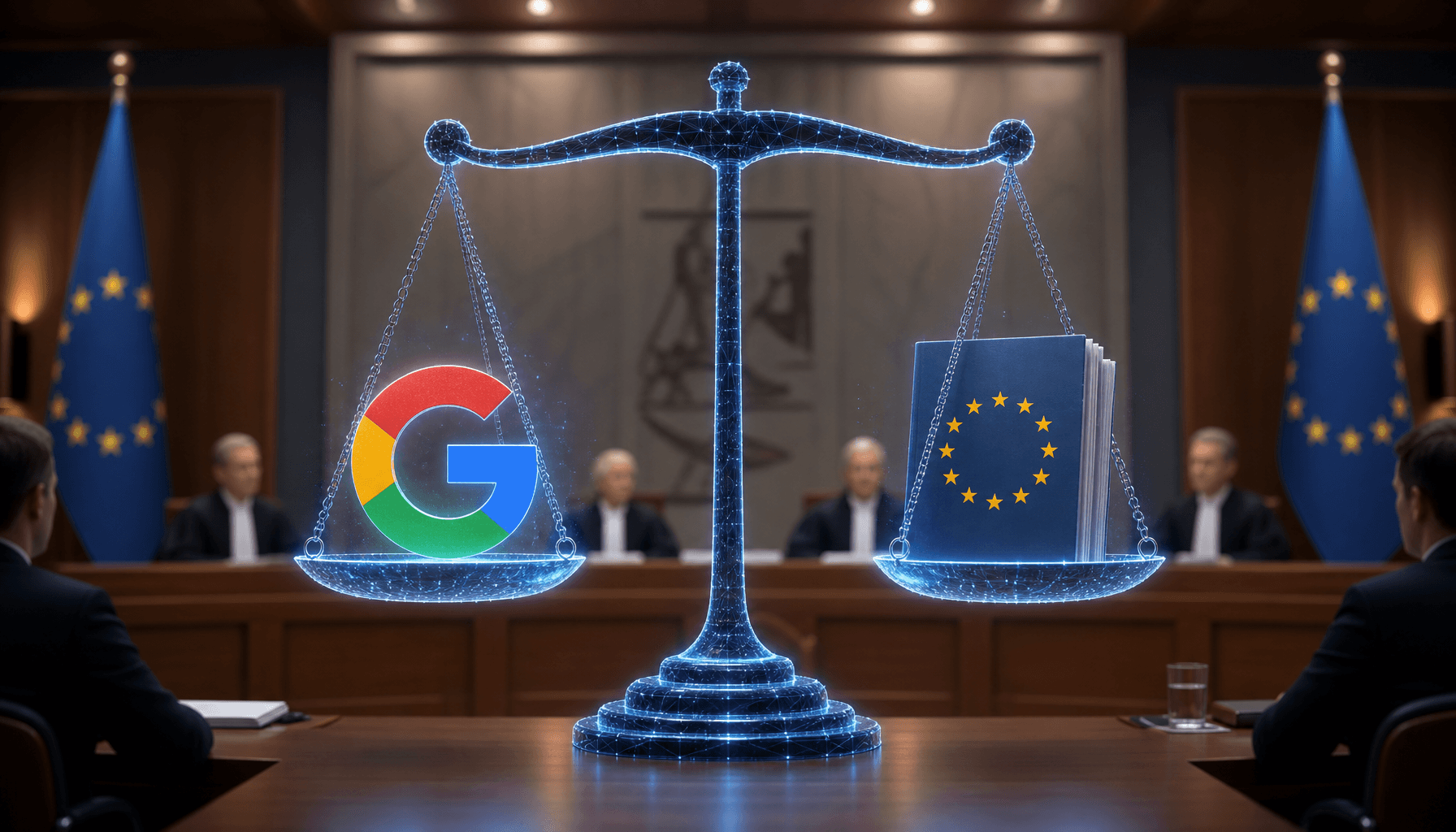 A modern courtroom scene with a stylized digital scales of justice weighing a glowing Google 'G' log
