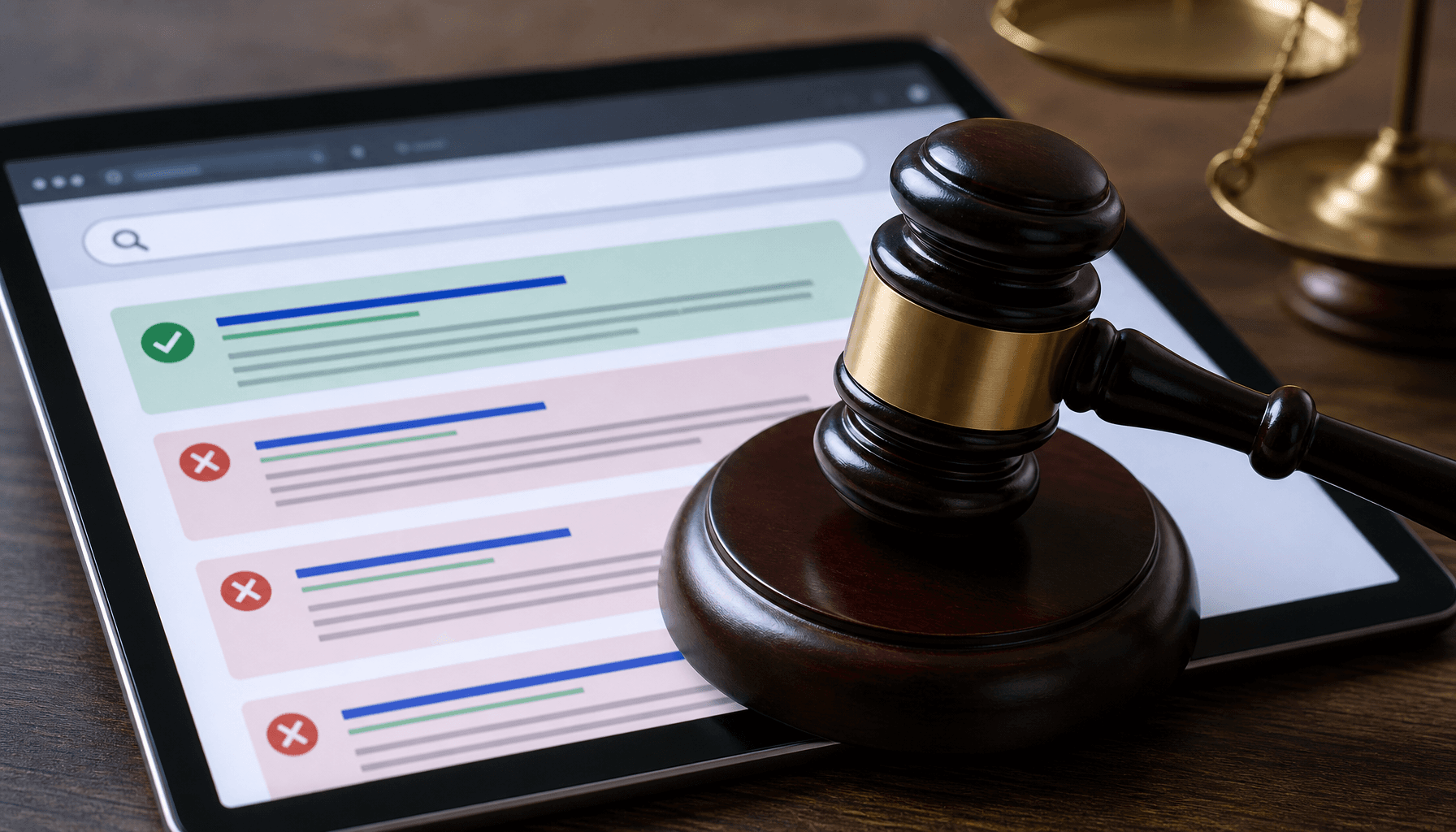 A courtroom gavel resting on a digital screen displaying a search engine interface with biased resul