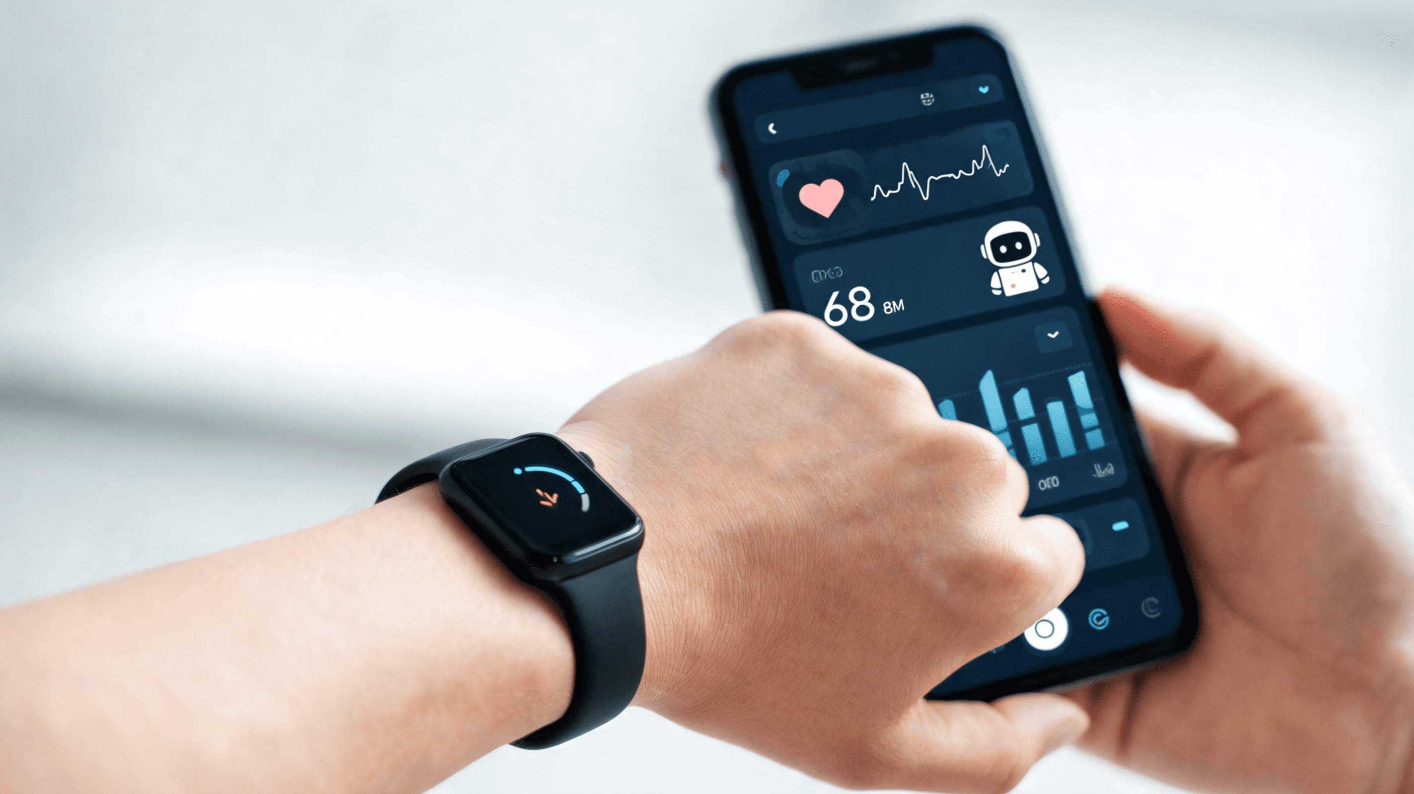 A sleek, minimalist wearable device on a wrist with a smartphone in the background displaying health