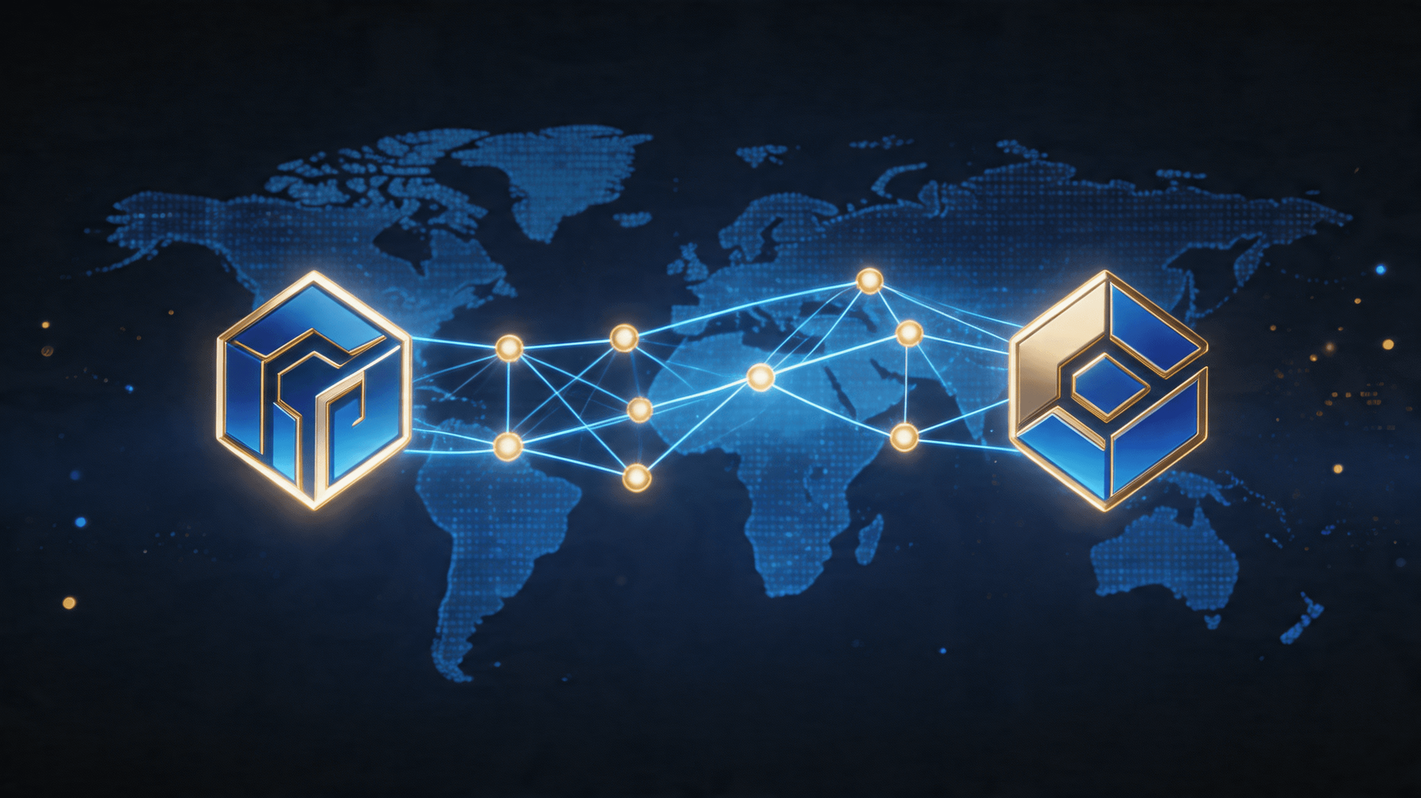 A futuristic visualization of a digital neural network connecting two high-tech corporate logos in a