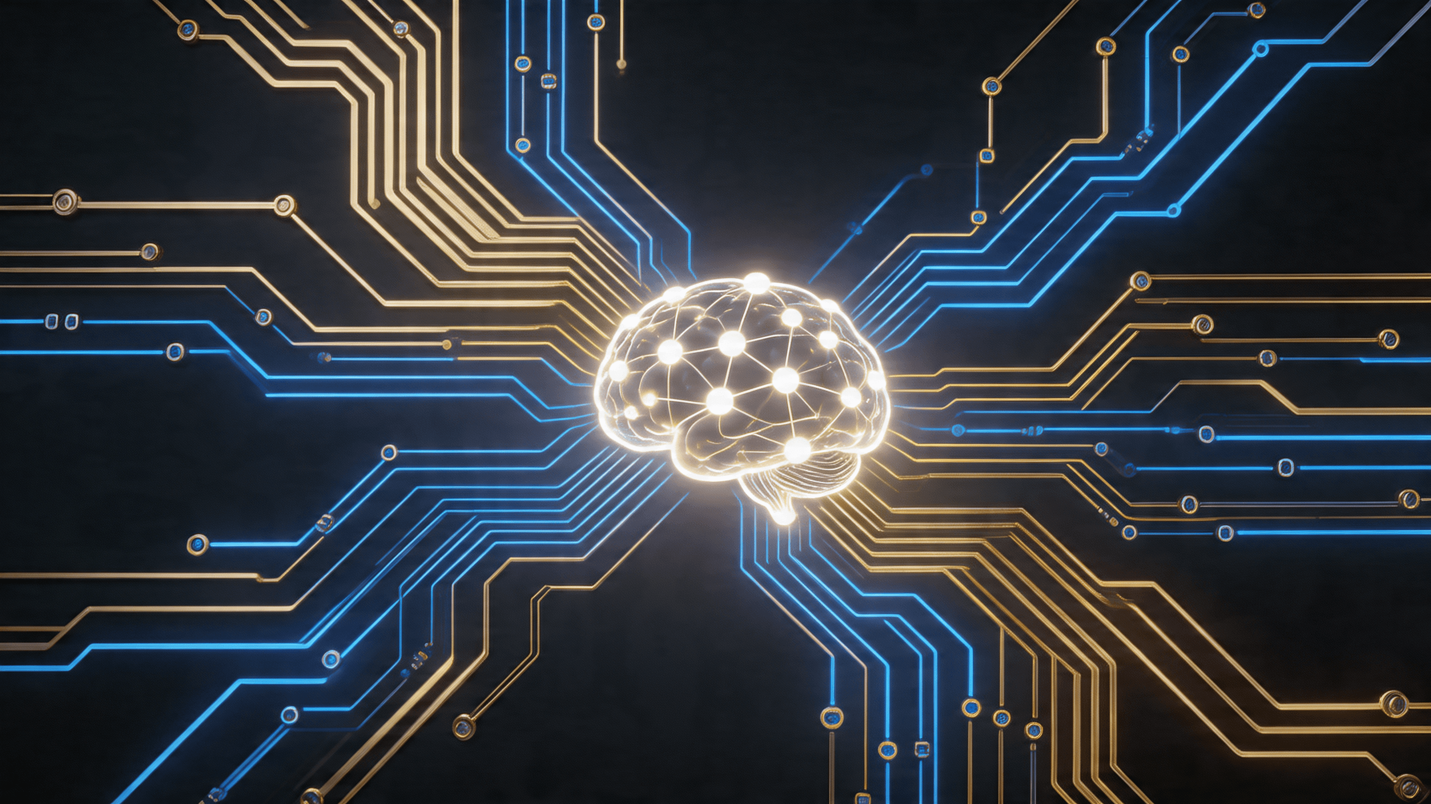 A high-tech digital abstract background showing gold and blue circuit board lines converging towards