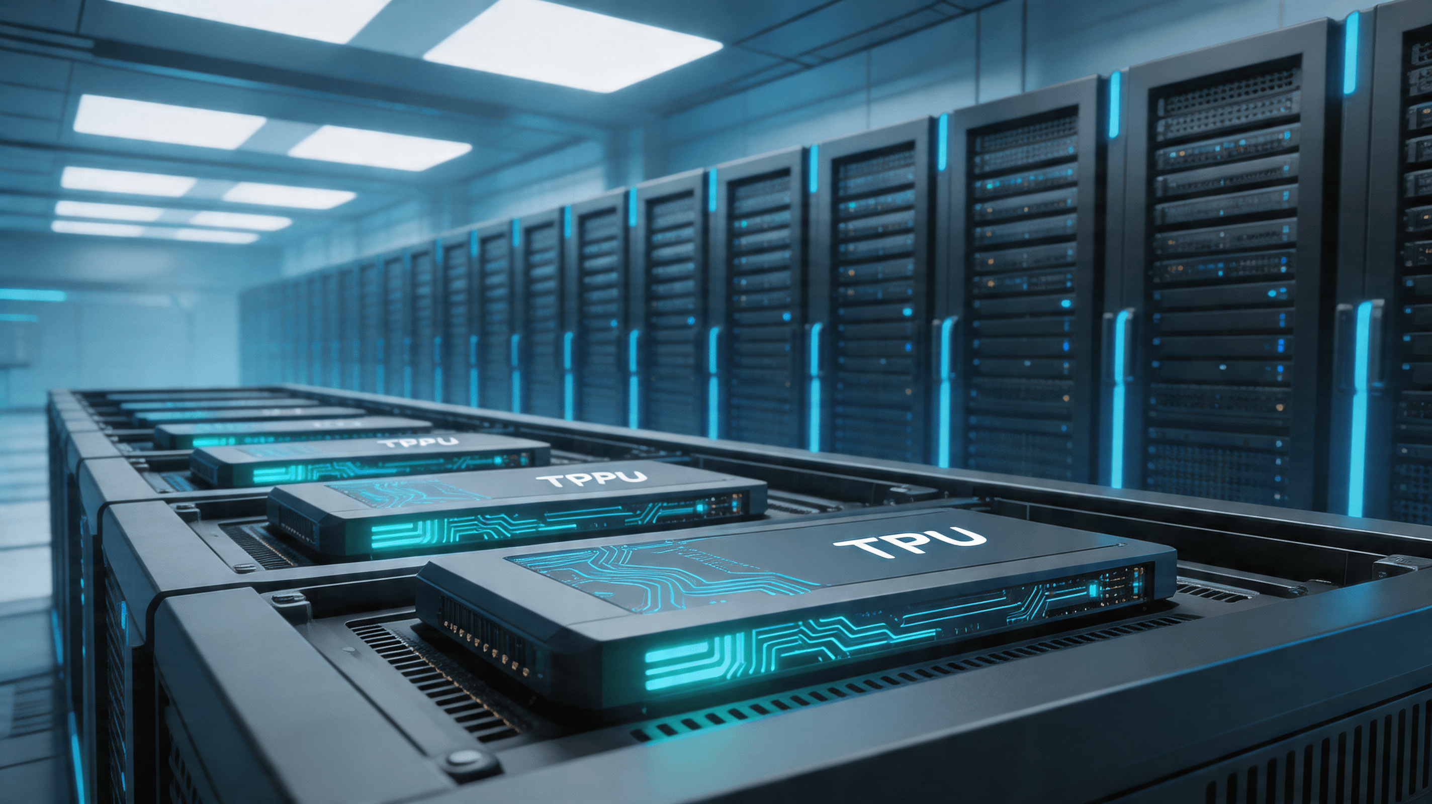 An abstract, professional depiction of a high-end data center with glowing, integrated TPU hardware