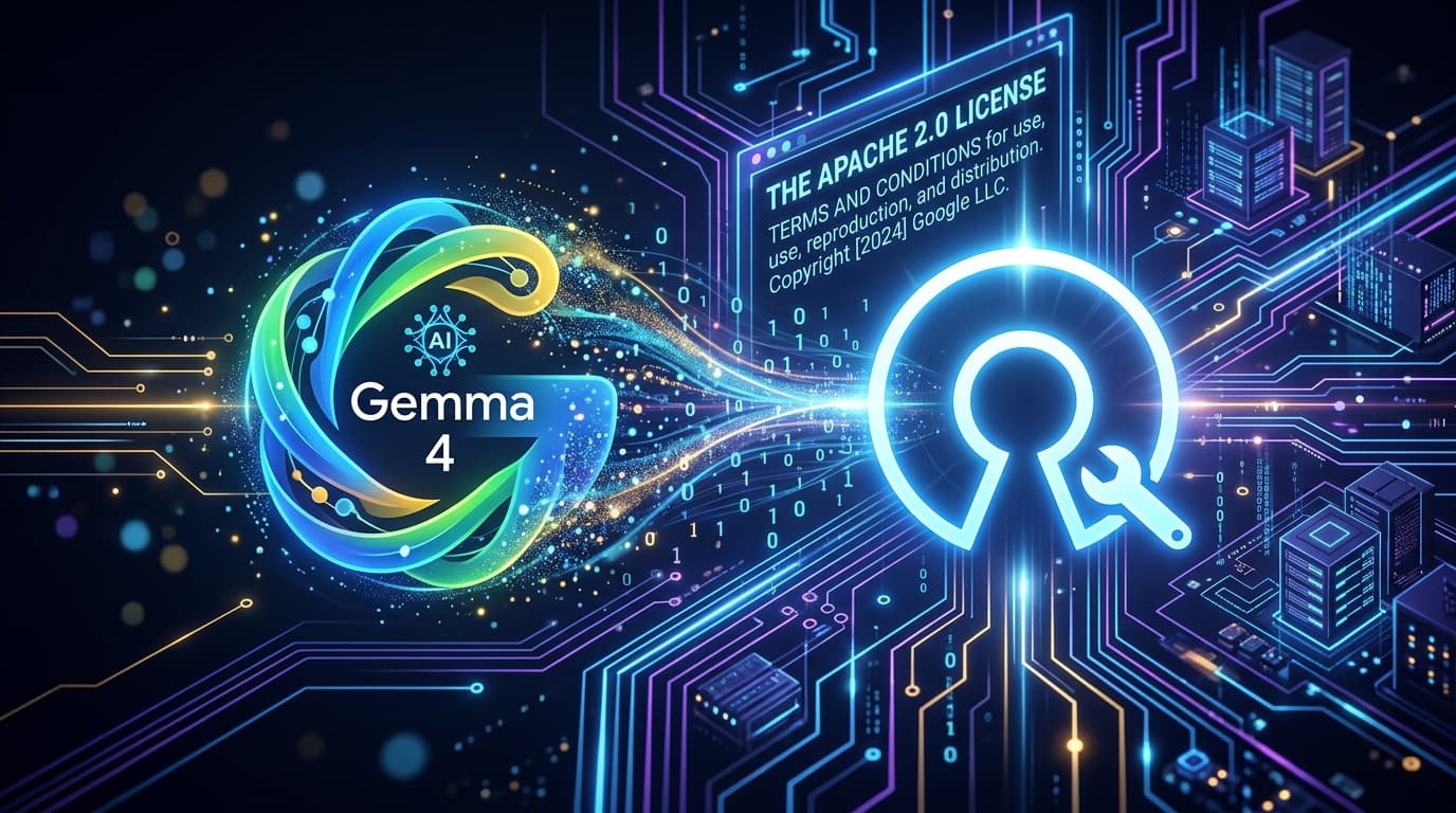An artistic visualization of the Google Gemma 4 AI model logo shifting into a digital open-source sy