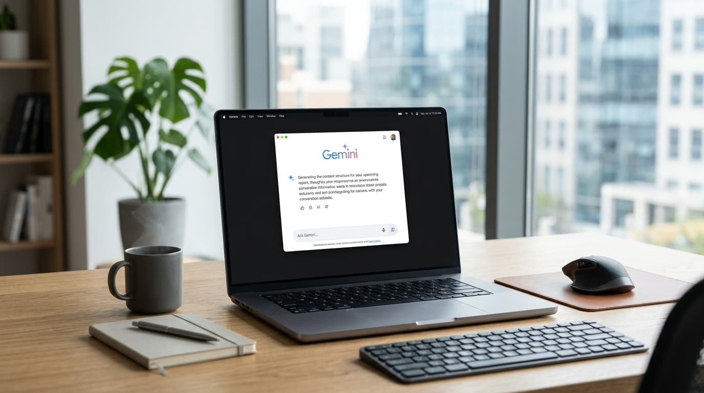 A clean, minimalist desktop environment showing a floating Google Gemini chat window over a professi