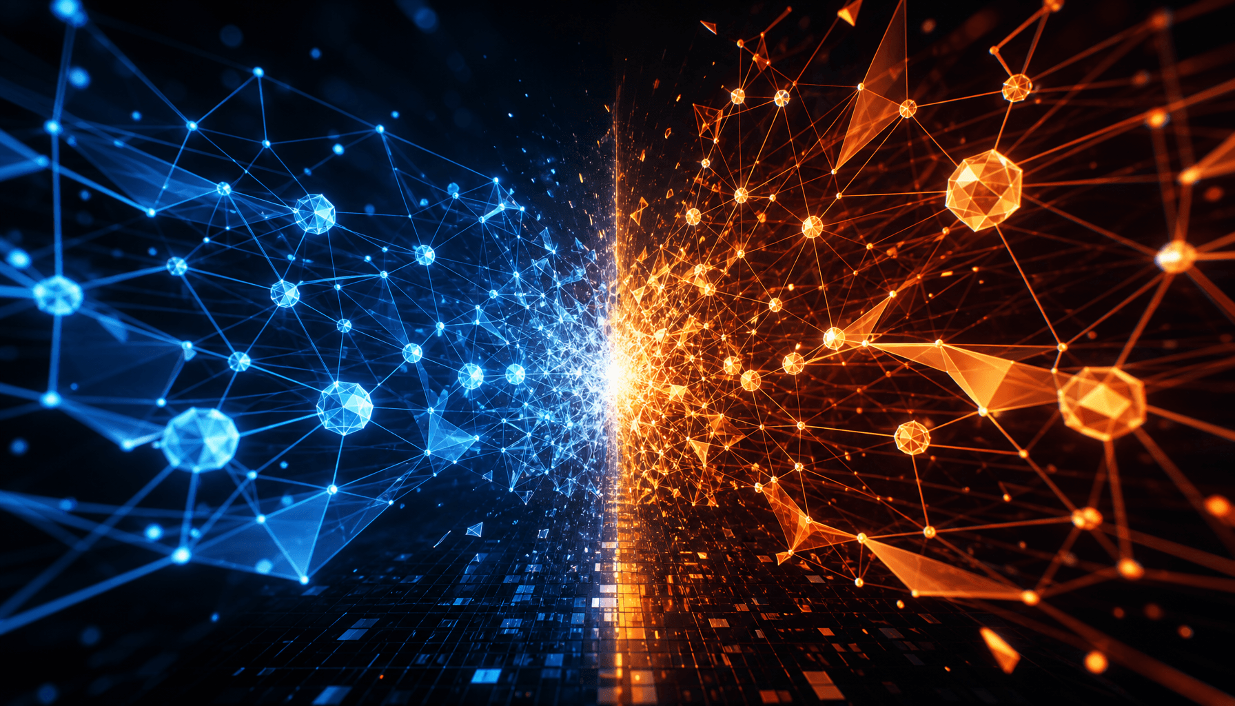 Abstract representation of two giant digital networks clashing, with geometric AI nodes in blue and