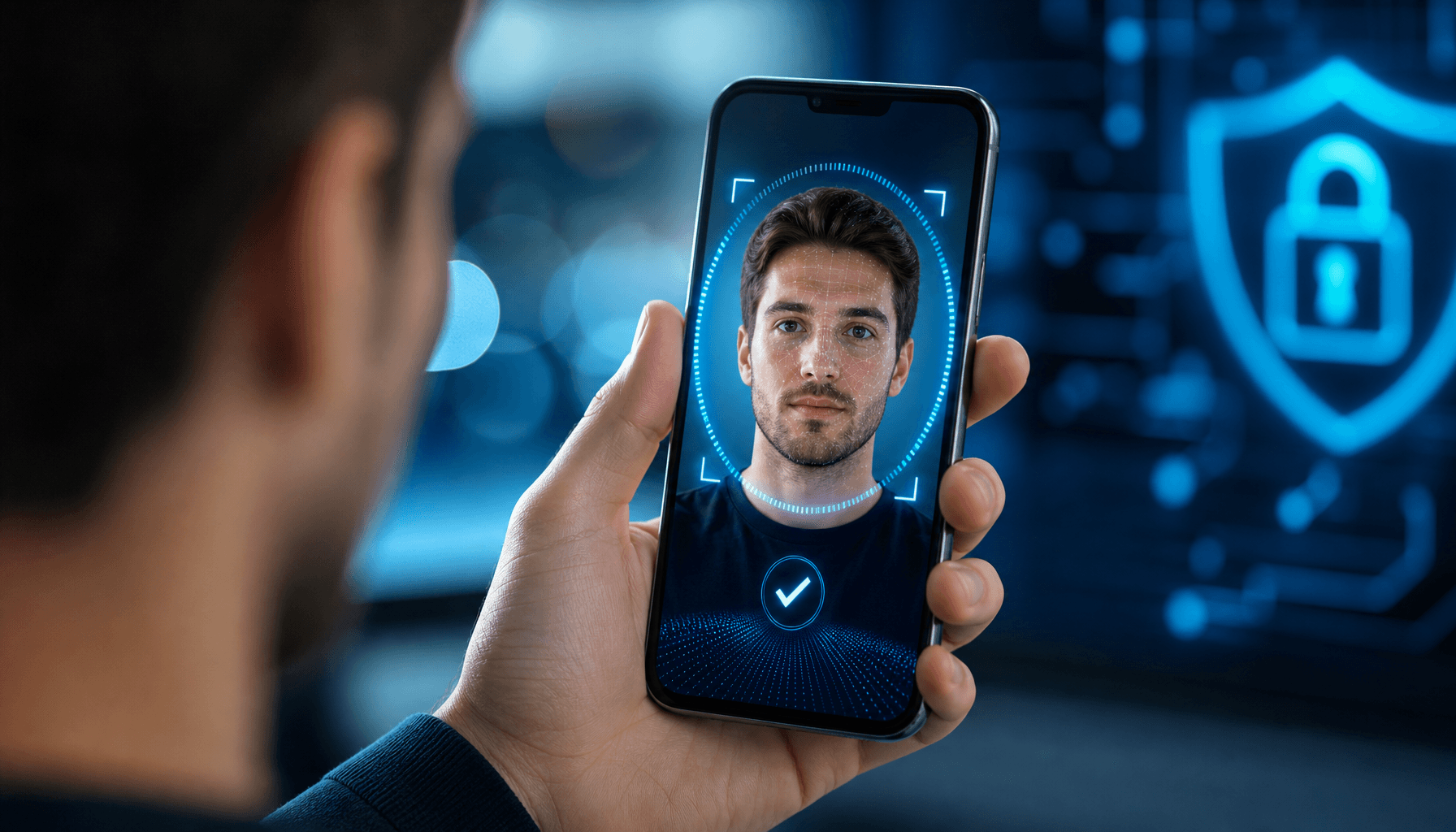 A smartphone screen showing a user taking a selfie video for account verification, biometric scannin