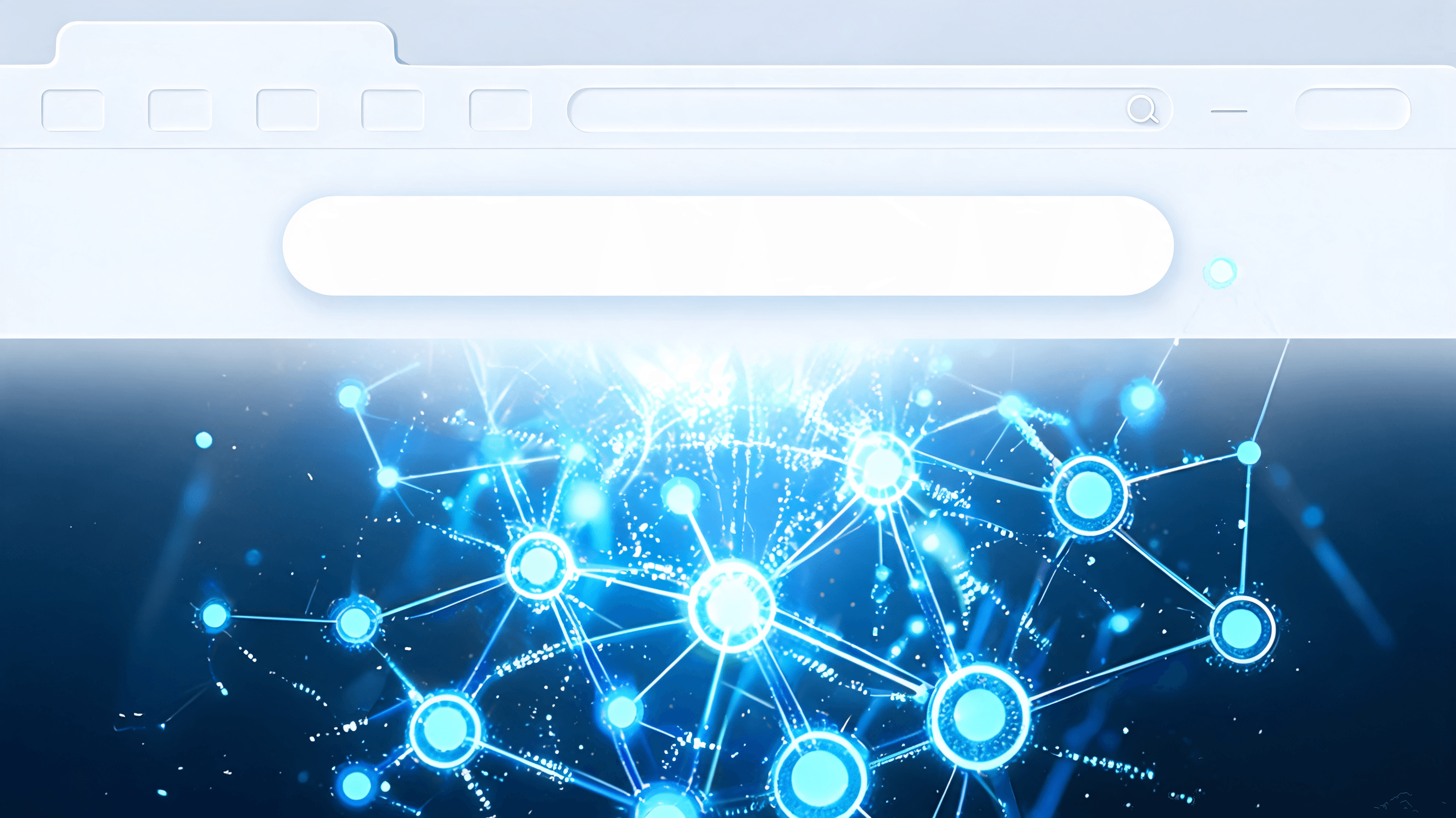 A futuristic depiction of a search engine interface transforming into a glowing neural network of in