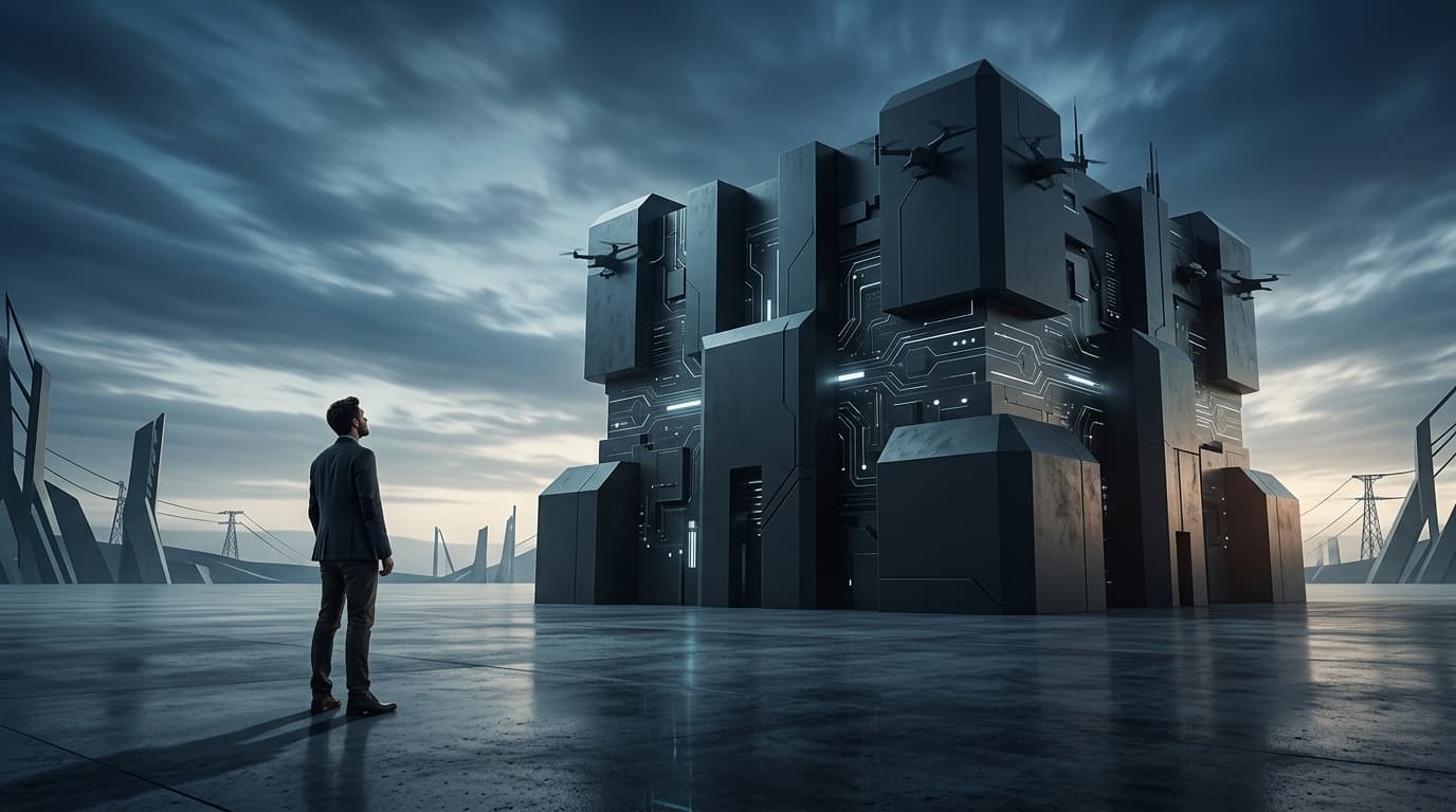 An artistic representation of a conflict between technological ethics and military structures. A hum