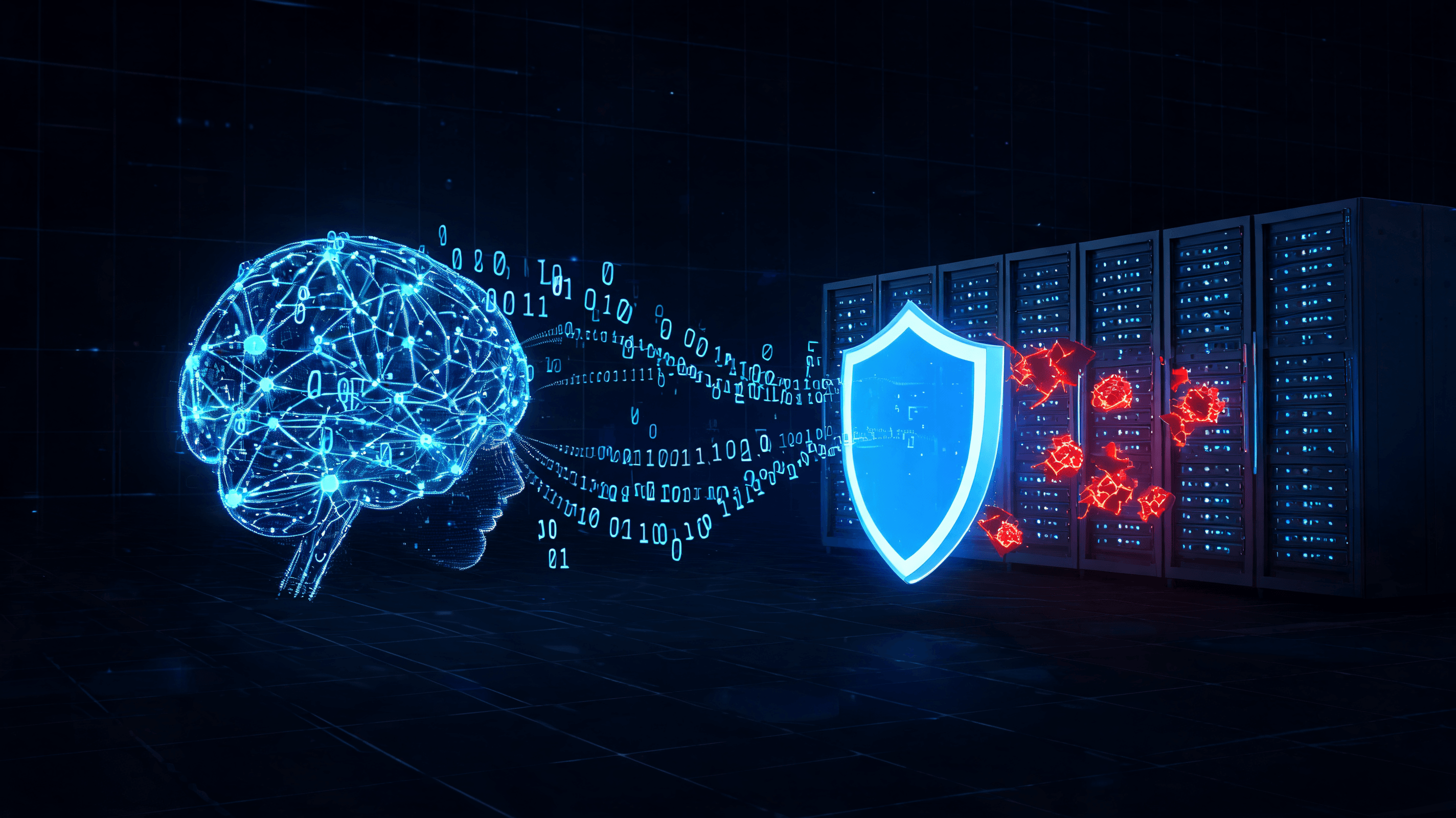 A futuristic digital security landscape showing a glowing AI brain connected to code streams, with a