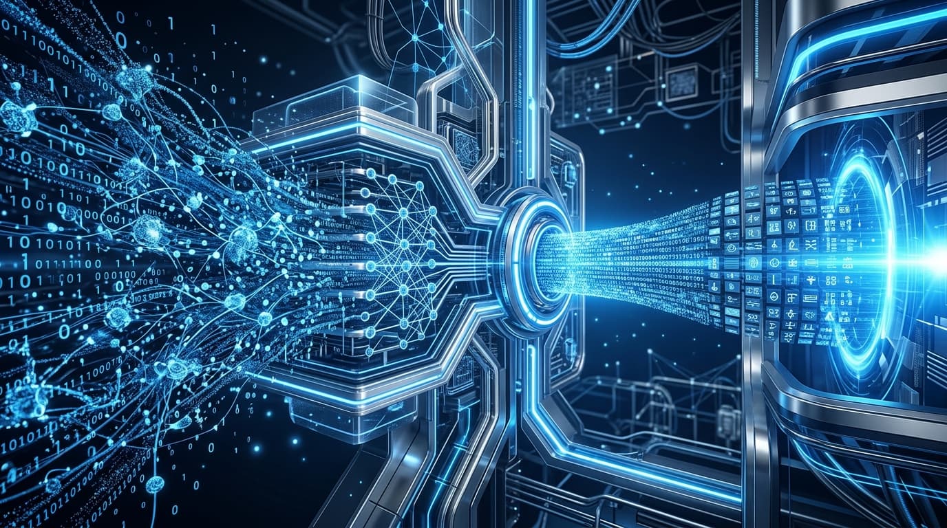 Abstract representation of data being compressed and optimized, futuristic AI architecture design, b