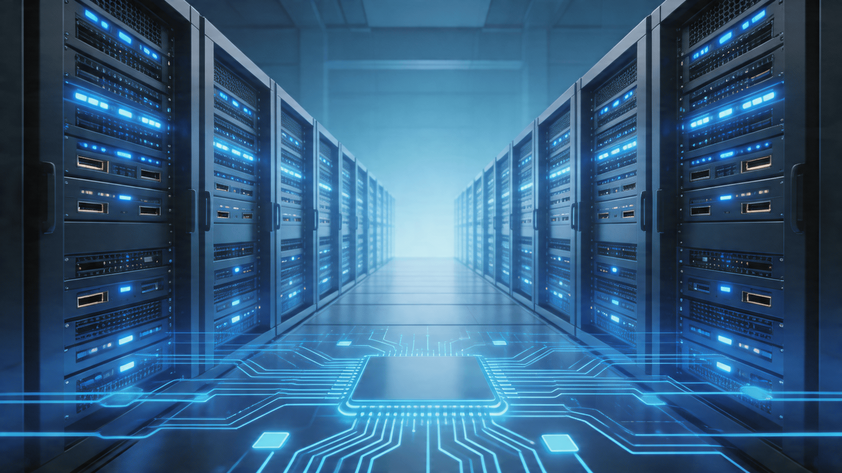 A futuristic data center aisle with glowing lights emanating from sleek server racks, with a subtle
