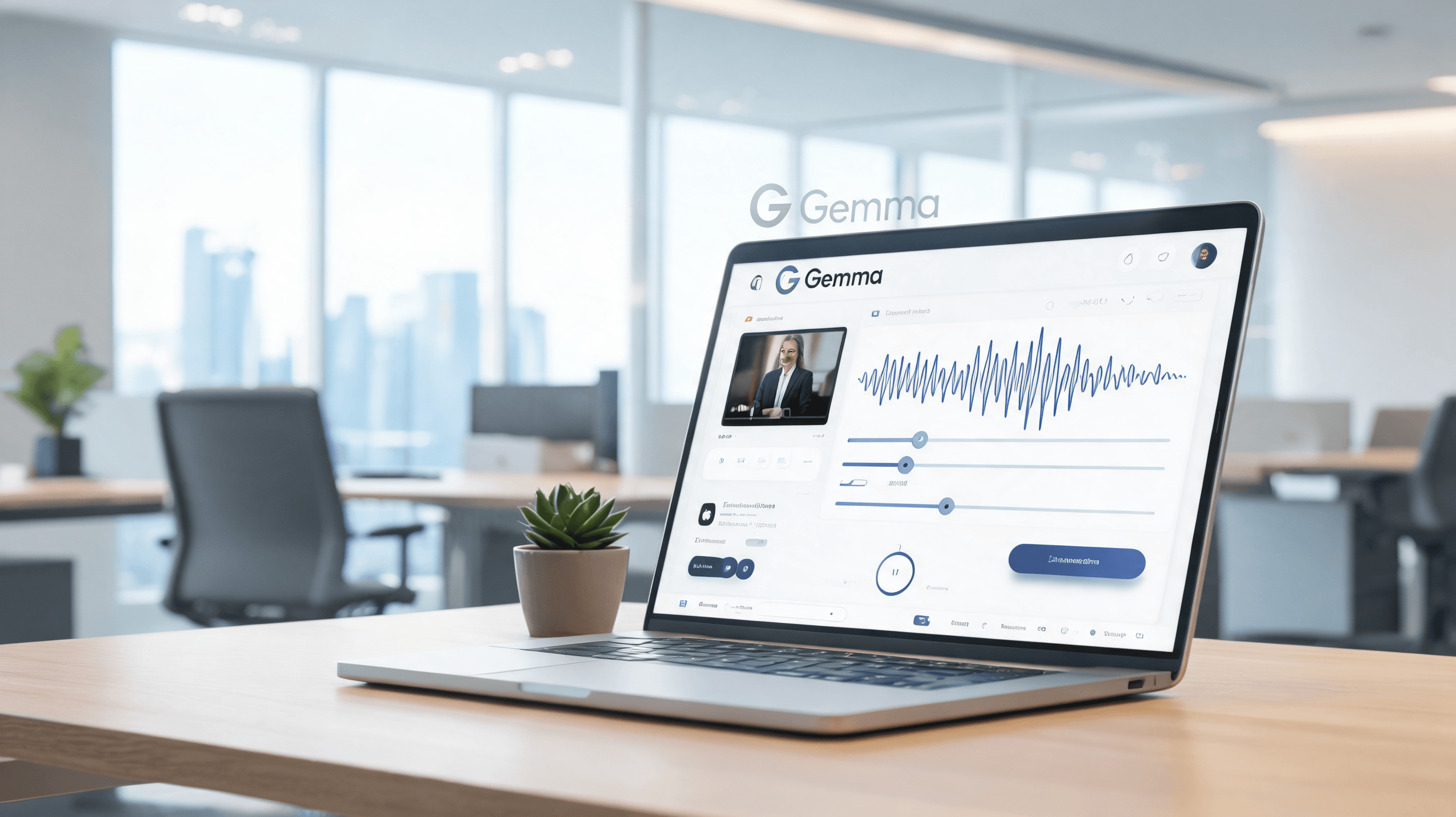 A modern, sleek laptop screen showing an AI-generated interface for processing audio and video files